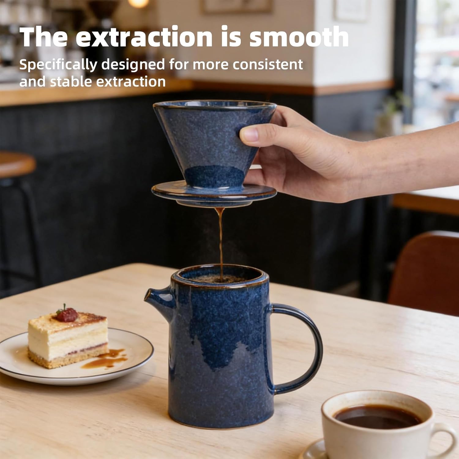 Pour Over Coffee Maker Set, Blue Vintage Coffee Maker with 20 Count Paper Coffee Filters, High Heat Ceramic Pour Over Coffee Dripper Set for Home, Restaurant, Camping Hiking, 16.5 Ounces