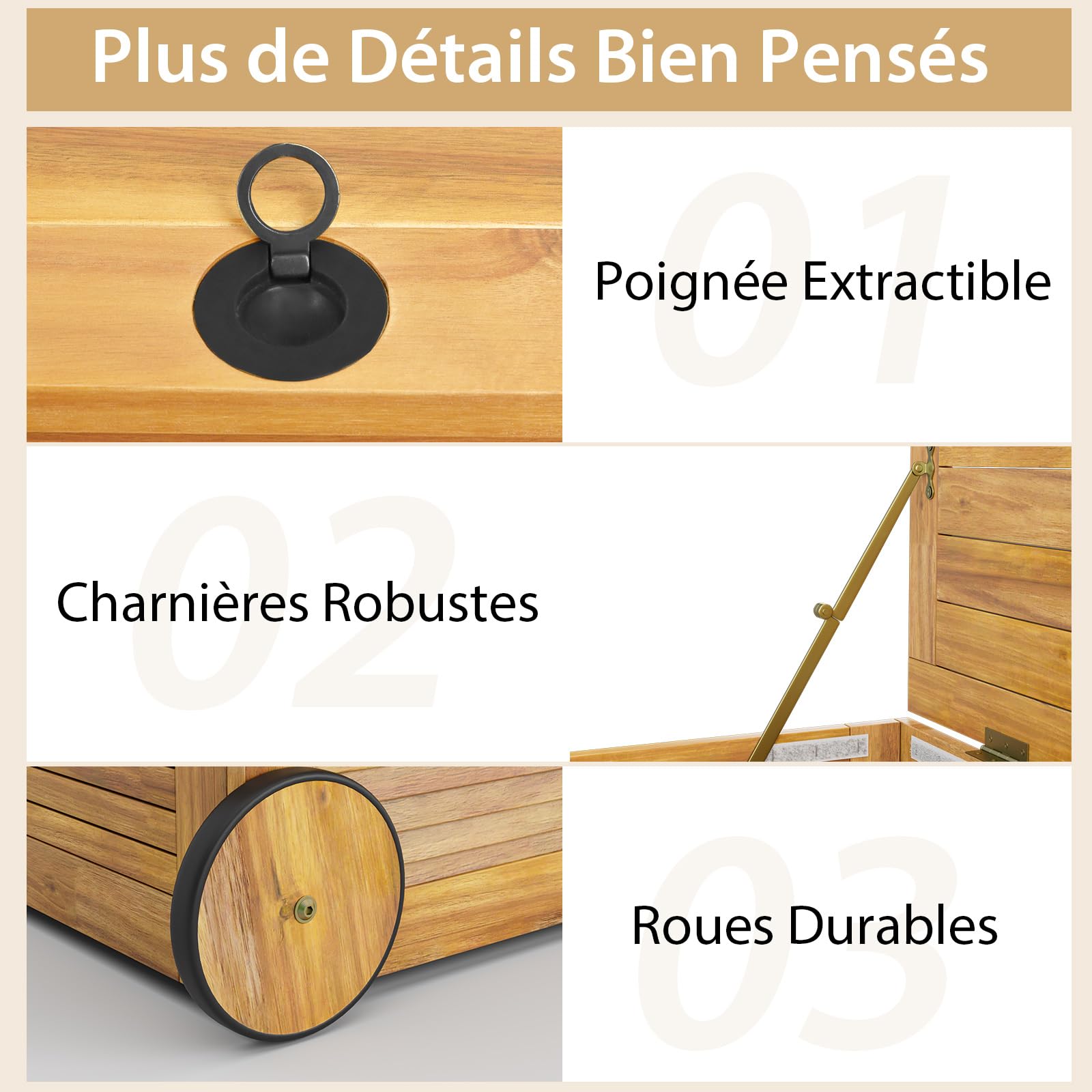 GOPLUS Coffre de Jardin Extérieur 182L Roulant en Bois d'Acacia à 2 Roues, Poignée Latérale, Housse Etanche, pour Coussins,Couvertures,Naturel