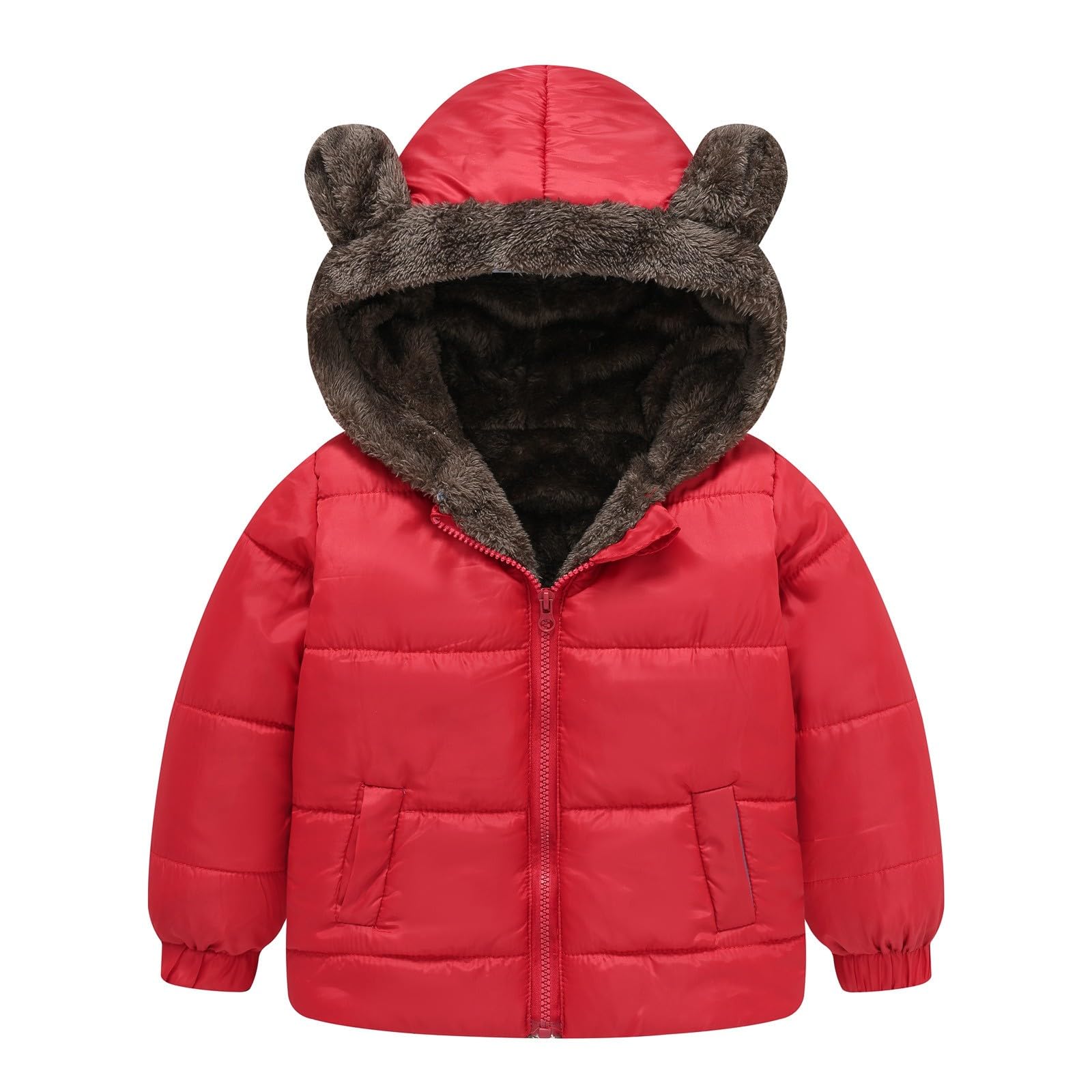 RNTOP Baby Girls Boys Winter Fleece Jackets Toddler Zip Up Bear Ears Hooded Coat Cotton Warm Lined (Red, 1-2 Years)