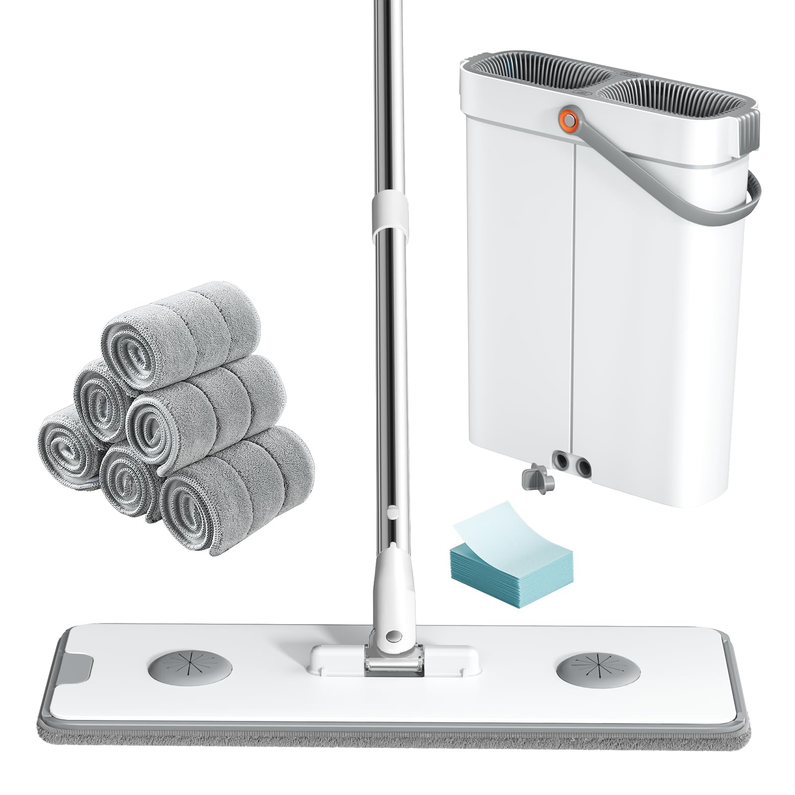 Flat Mop and Bucket System - Mop and Bucket with Wringer Set for Home | Wet Dry Mop for Apartment, Tiny Home, Windows, Wall, Hardwood Floor, RV with 6 Reusable Microfiber Cloth