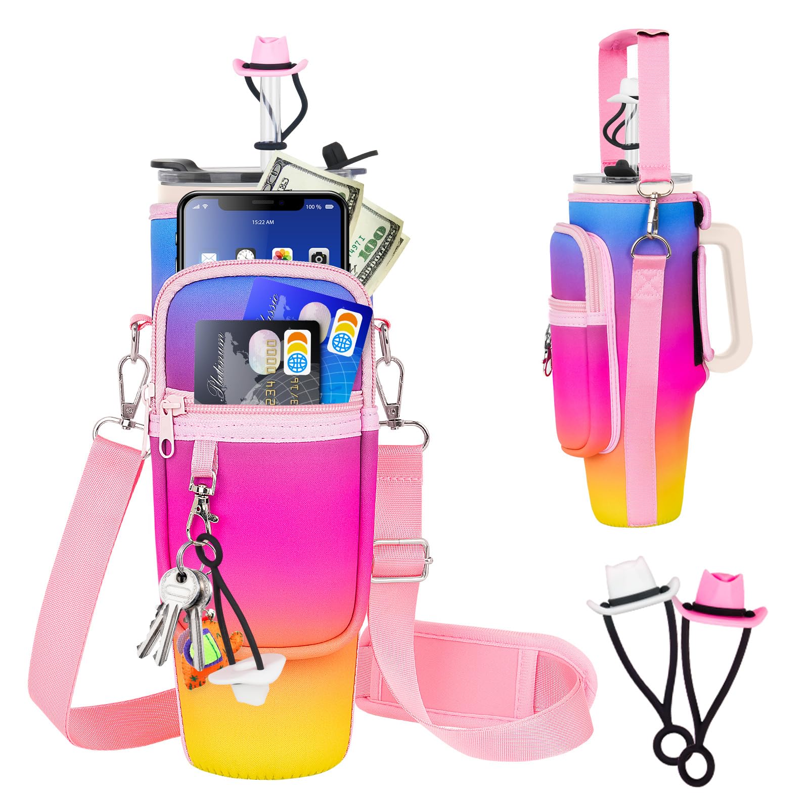 Water Bottle Carrier Bag with Phone Pocket and 2 Straw Covers Compatible with Stanley/Meoky 40 oz Tumbler with Handle,Water Bottle Holder with Adjustable Strap Fits for Stanley Cup Accessories