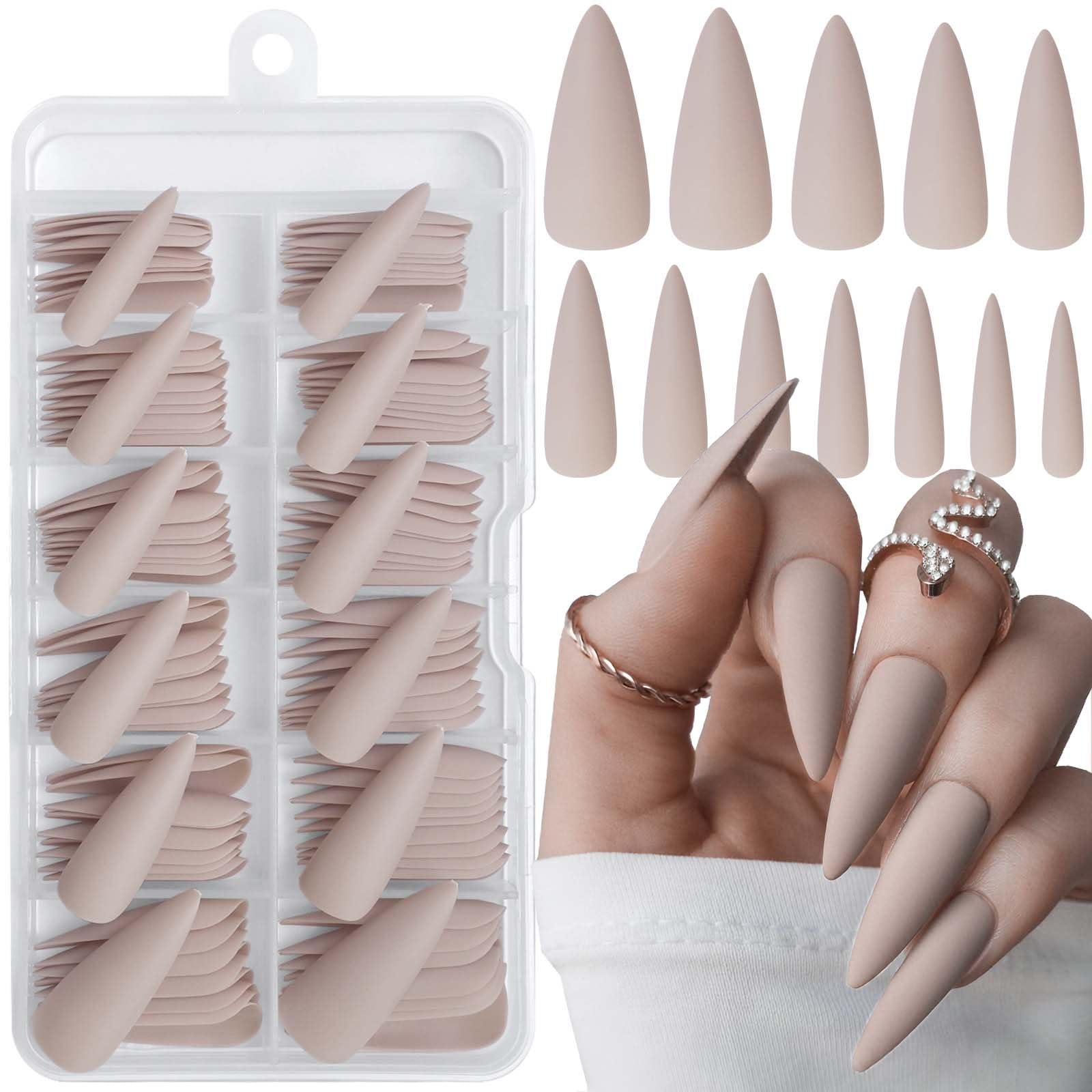 120pc Khaki Press on Nails Long Stiletto Fake Nails, Matte Khaki Nails Press ons Nails Stiletto Glue on Nail Long Pointy Acrylic Nails Claw Stick