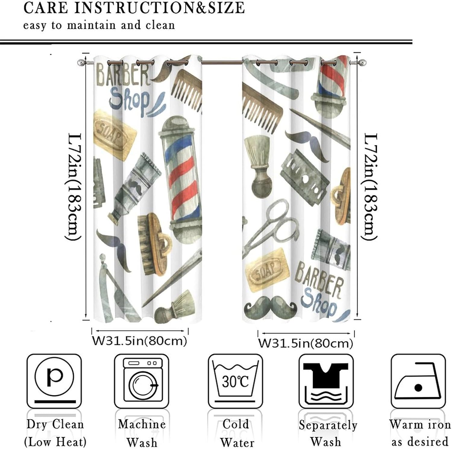 Salon Barber Shop Theme Curtains Retro Barbershop Featuring Hair Salon Thermal Insulated Darkening Noise Reduction for Living Room Grommet Window Treatment 2 Panels 72" L x 31.5" W