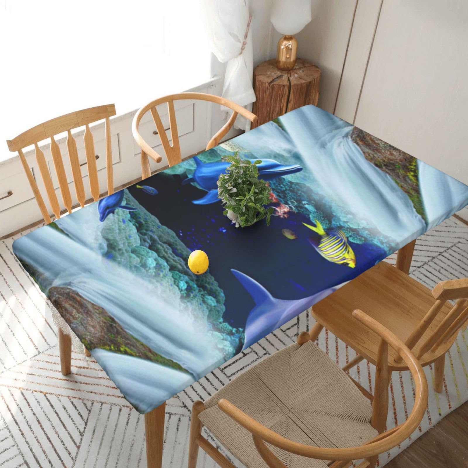 DCEHGEW Elastic Fitted Rectangle Tablecloth for 5ft Tables, Dolphin Printed Oilproof & Washable Fabric Picnic Table Cloth Table Covers
