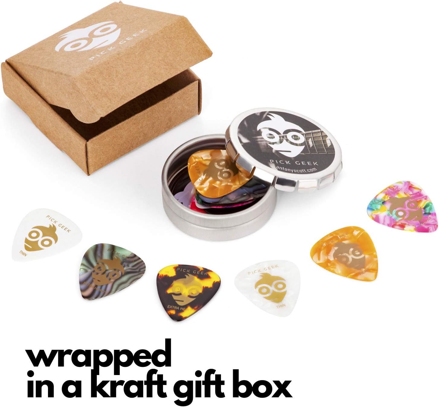 Pick Geek Guitar Picks - 16 Cool Custom Guitar Picks For Your Electric, Acoustic, or Bass Guitar - X-Heavy, Heavy, Medium & Light - Presented in a Luxury Metal Pocket Box