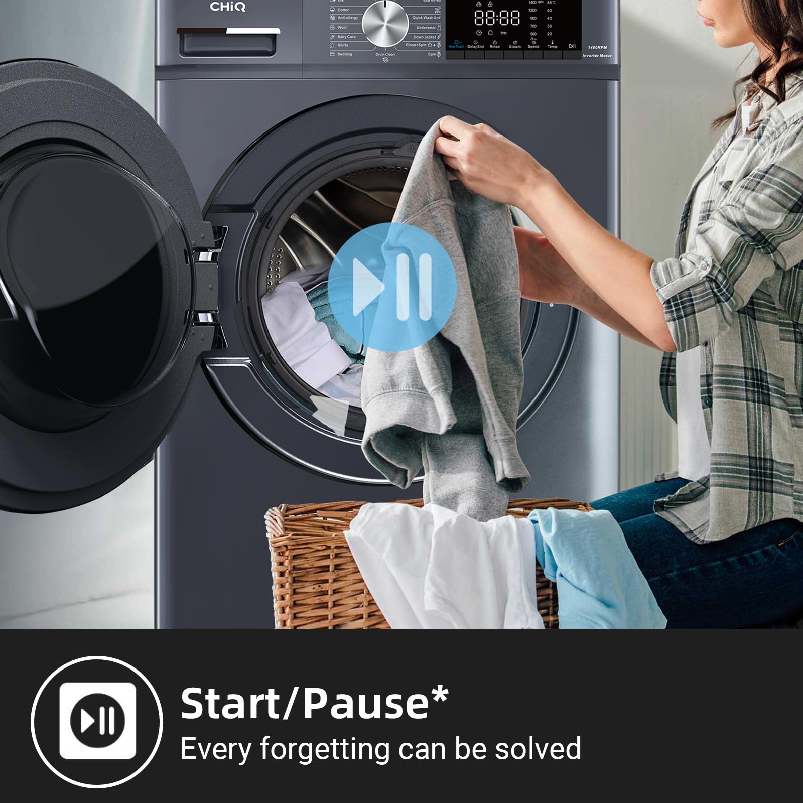 CHiQ CFL90-14586IM3XAU, Front Load Washing Machine 9kg, Space Pro, Counter Depth, Large Drum, Quiet Inverter Motor, 1400rmp, AI Smart Program, Steam Function, Energy Efficient, Grey [Energy Class A] — view 6