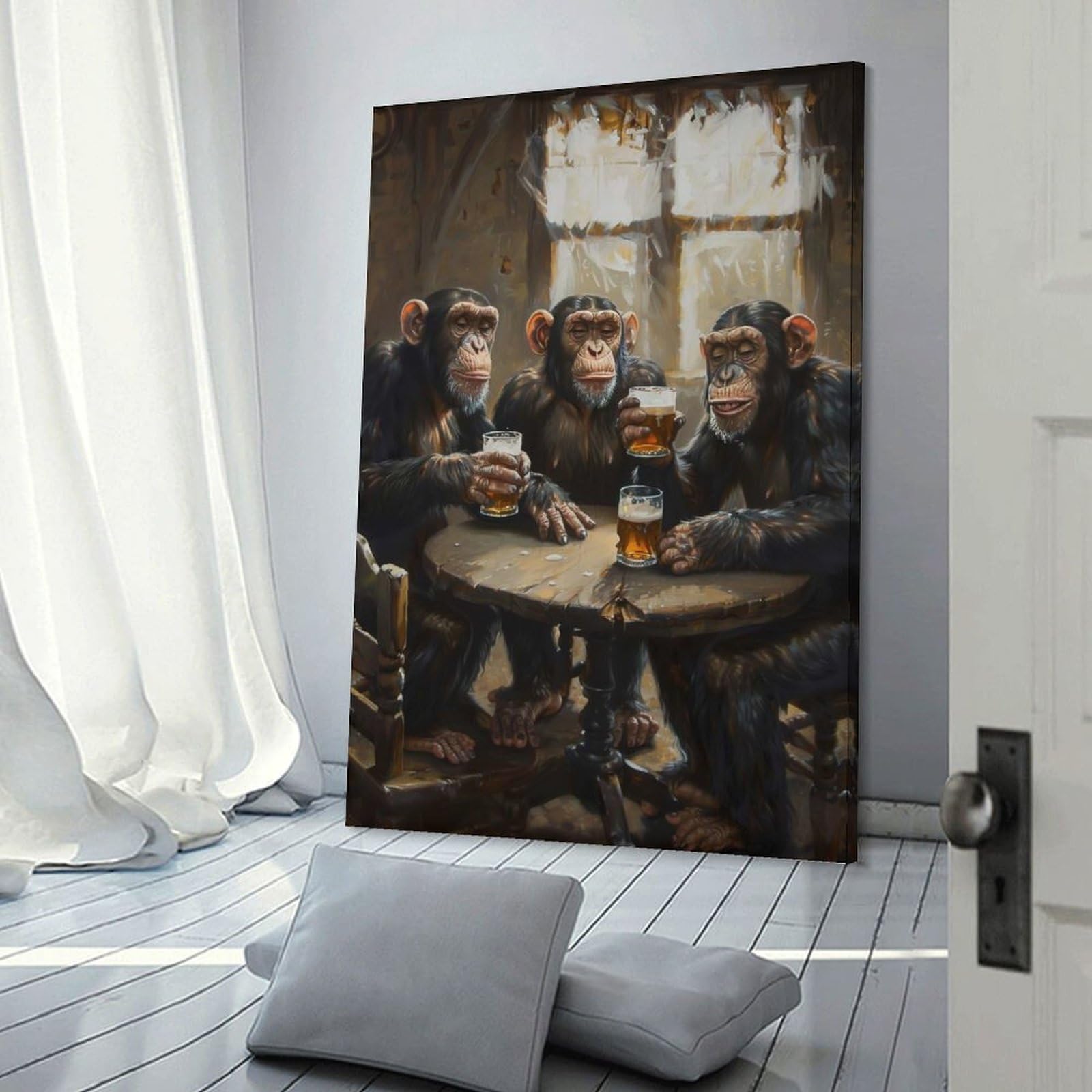 Junmoney Frame-Style-5 Decorative Wall Artwork Monkeys Beerin Tavern, 20X30inch(50X75cm), For Sofa Walls, Lounge Or Home Corners, Modern Wall Decor For Cosy Interiors