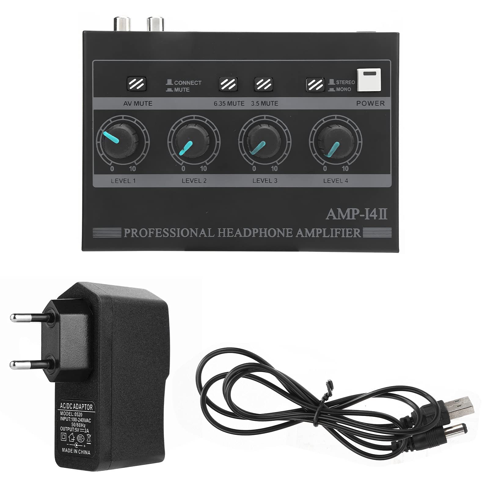 Amplificatore per Cuffie 4 Canali Splitter Amp Monitor 100‑240 V Mono/stereo Set AMP‑i4Ⅱ con Tappetino Antiscivolo Sul Fondo(EU Plug)