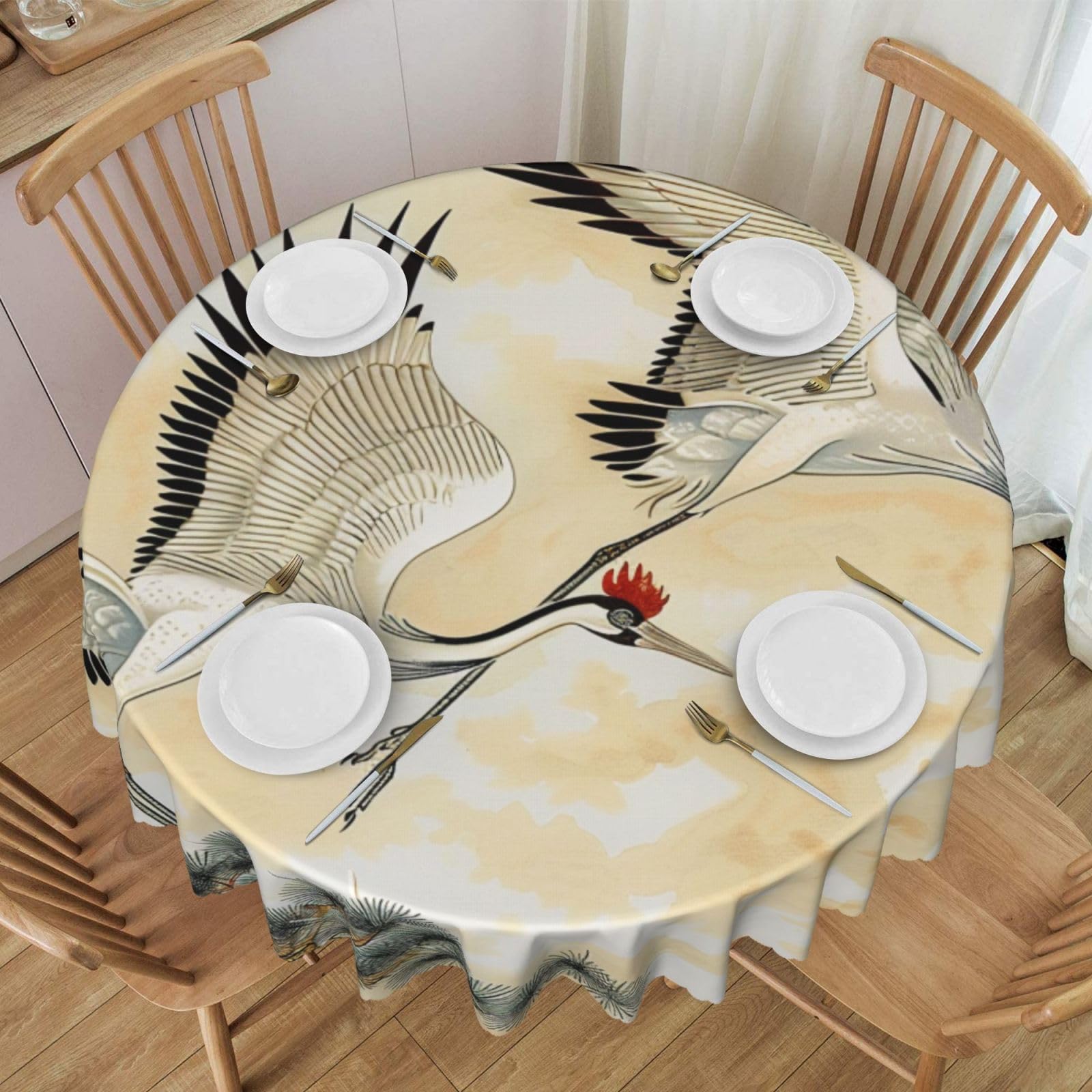 Nappe ronde oiseaux japonais en dentelle pour grand banquet