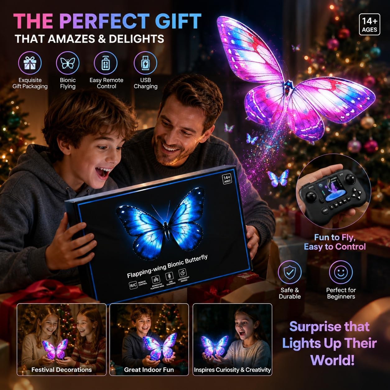 Drone ornitottero bionico a farfalla con illuminazione a LED 3 batterie giocattolo volante con ali bioniche battenti e telaio in fibra di carbonio fatto a mano per feste matrimoni e hobby(Purple)