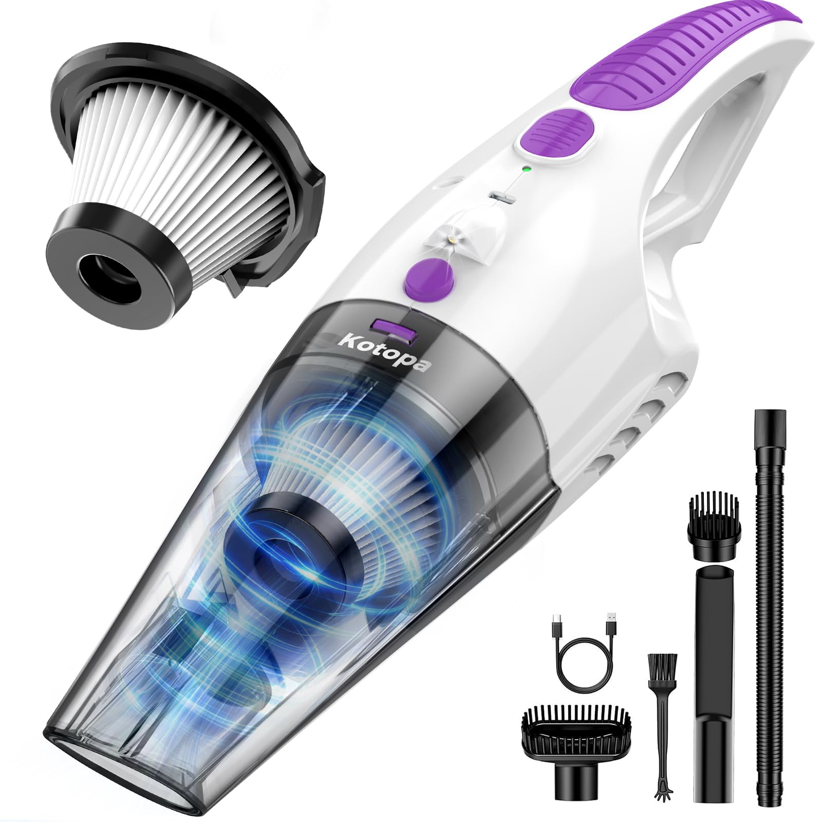 Kotopa Handstaubsauger Akku, 25000Pa, Handheld Vacuum Cleaner, Lila | 600-ml-Staubbehälter, 8000-mAh-Akku, geräuscharm mit 70 dB, HEPA-Filter und Zubehör für Haushalt und Auto.