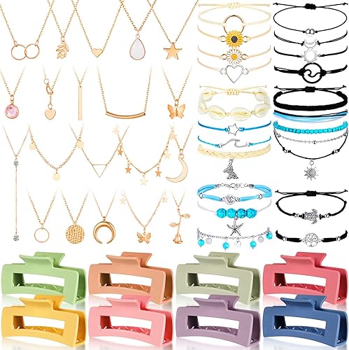 49 pulseras de amistad con ondas de surfista, gargantilla en capas, accesorios de clip cuadrado para el cabello para mujer