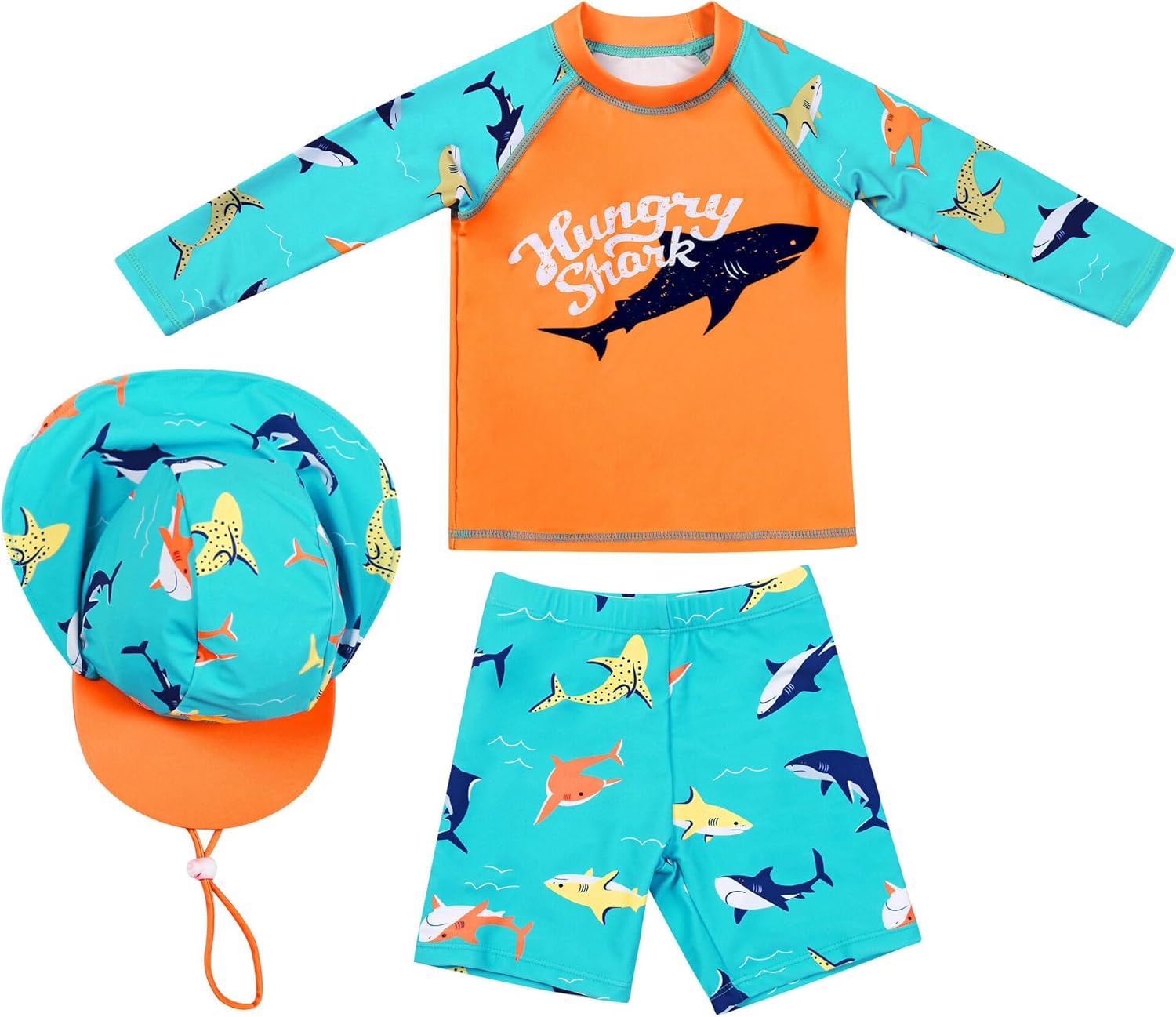 Boys' Swimwear 3 Pieces Swim Trunks and Rash Guard Sets Short Sleeve Sun Protection Swimsuit with Swim Cap