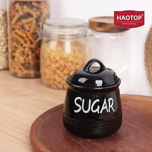 Miniatura 5 de HAOTOP Azucarero de porcelana con tapa y cuchara 12 oz (negro)