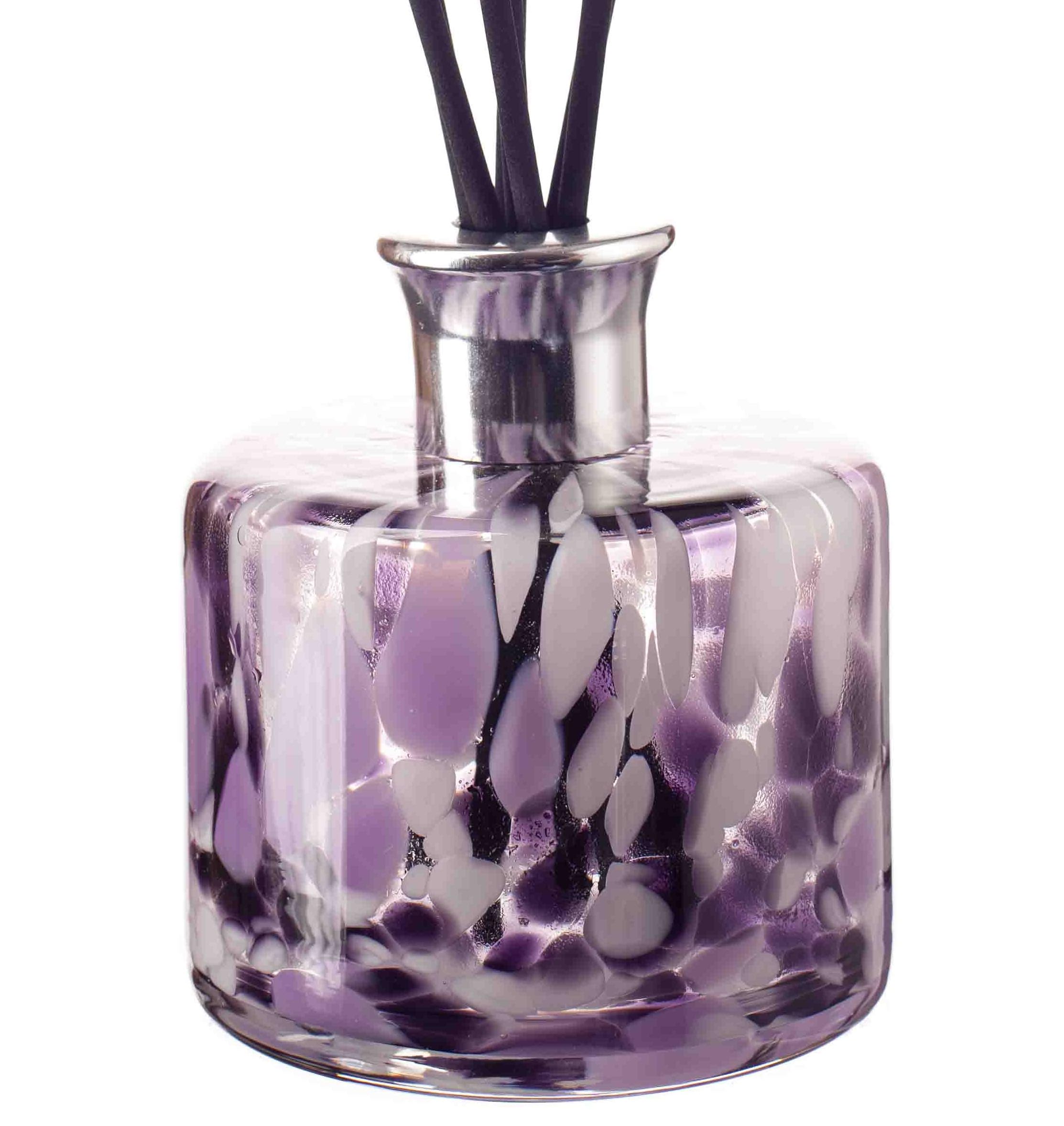 Mouth Blown Glass Reed Diffuser, Cylinder Shape, 11cm Height x 11cm Width Clear, Purple, Black & White