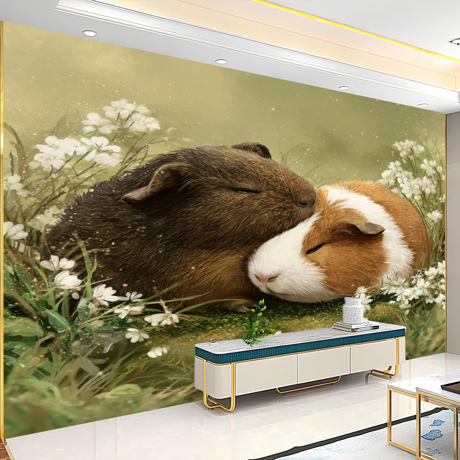 Fototapeta 3D włóknina 400 x 280 cm dżungla zwierzęta świnka morska kwiaty tapeta zielony plakat do domu biura sypialni gabinetu salonu