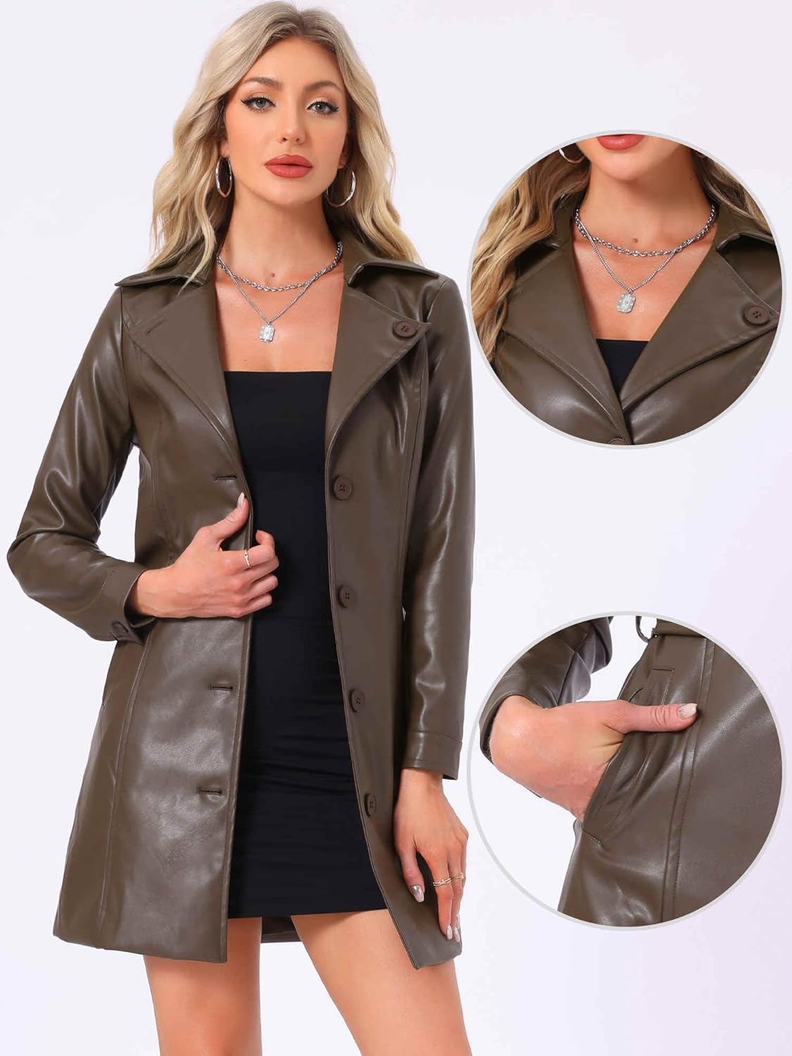 Allegra K Faux Leather Long Jacket for Women's Notched Lapel Collar PU Trench Coat
