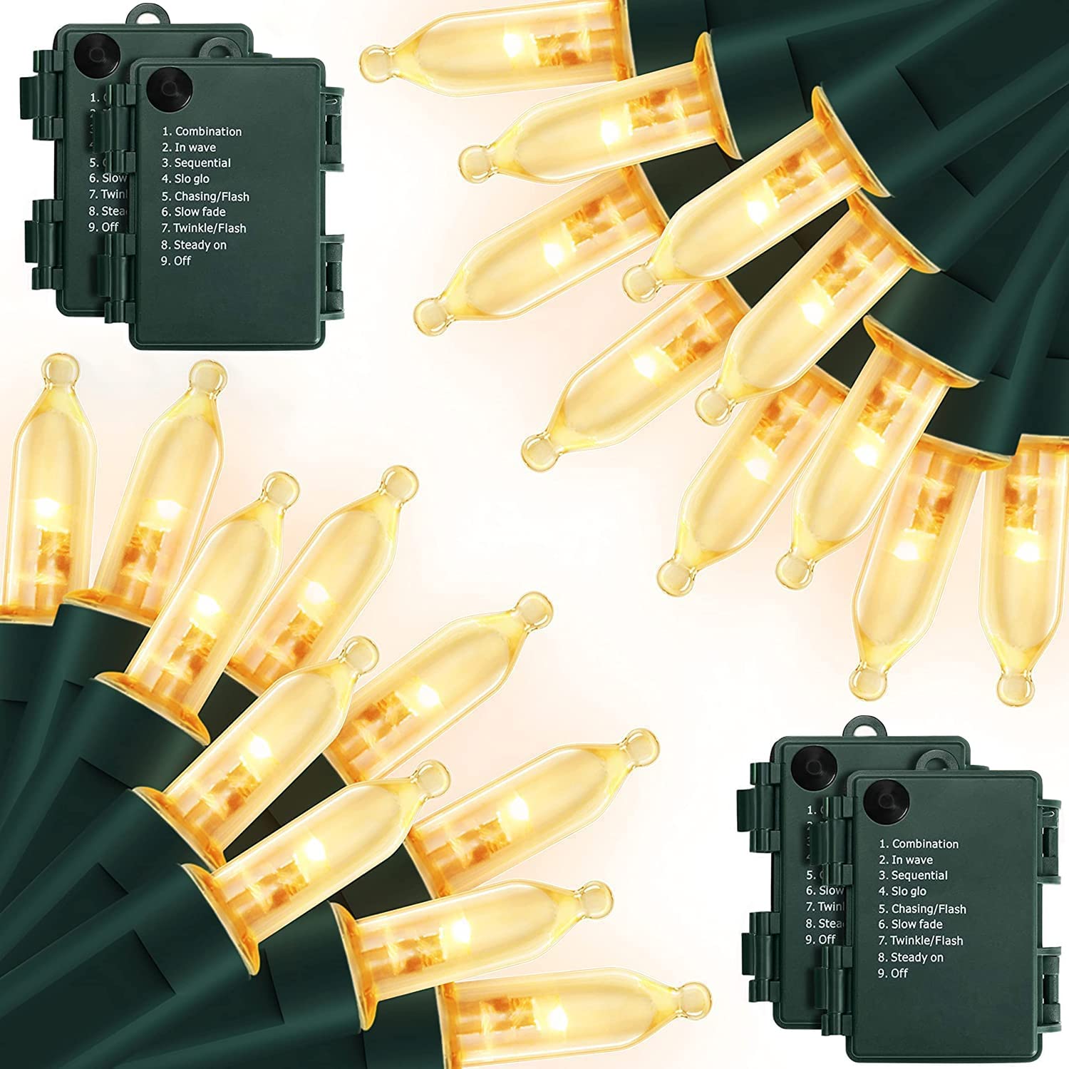 Lot de 4 guirlandes lumineuses de Noël à piles, 5,2 m, 50 LED, 8 modes, mini lumières étanches pour extérieur, intérieur, arbre de Noël, couronne de mariage, jardin, décoration de fête (blanc chaud)