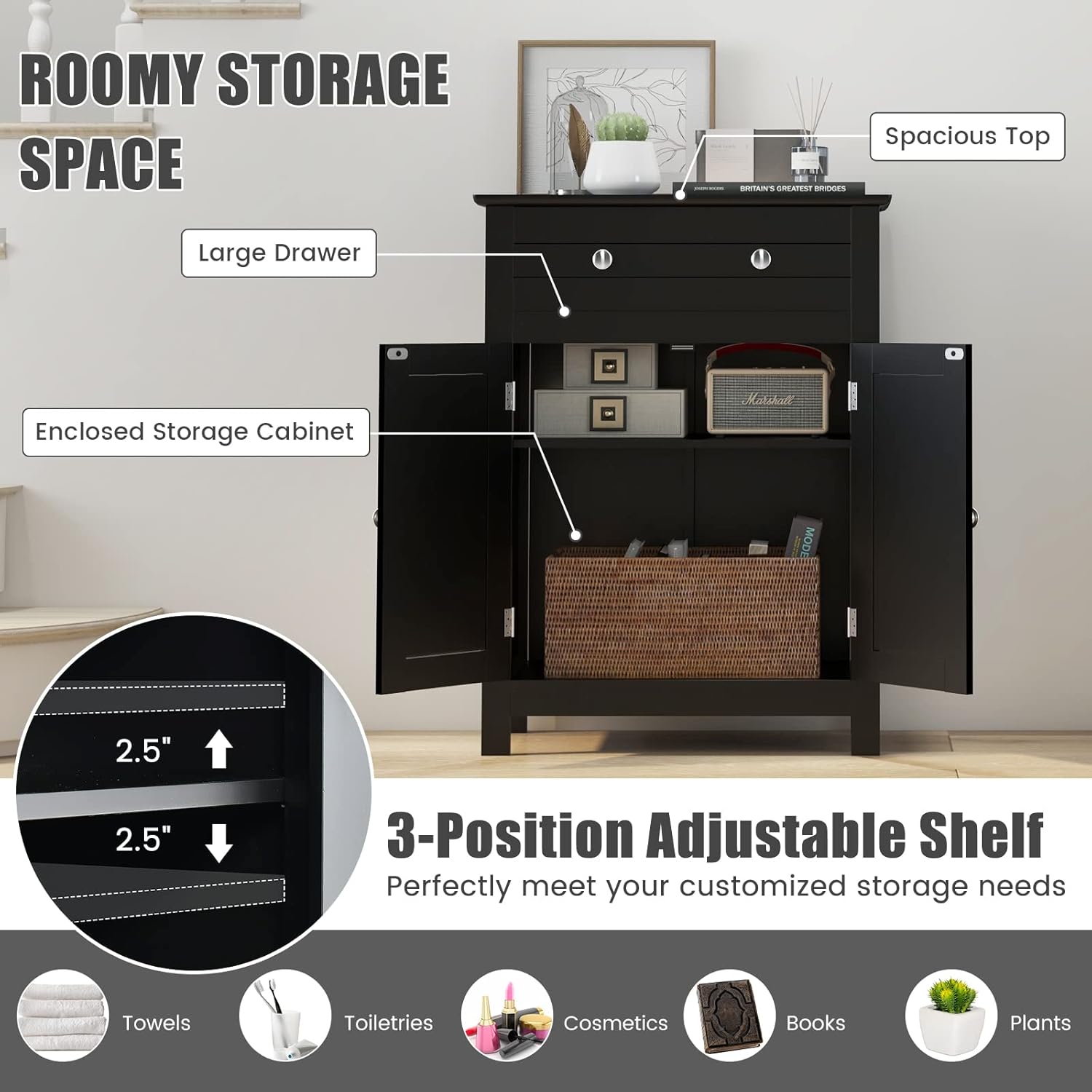 COSTWAY Bathroom Floor Cabinet, Wooden Side Storage Organizer w/Larger Drawer, Adjustable Shelf & 2-Door Cupboard, Freestanding Storage Cabinet for Living Room, Kitchen, Entryway (Black)