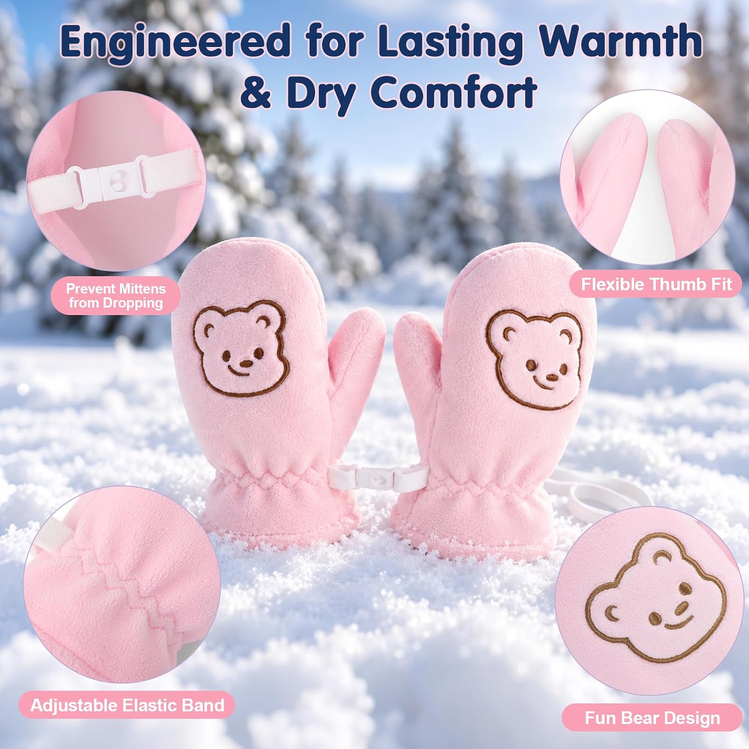 Toddler Winter Snow Warm Mittens, Kids Gloves， Detachable Anti-Lost Leash