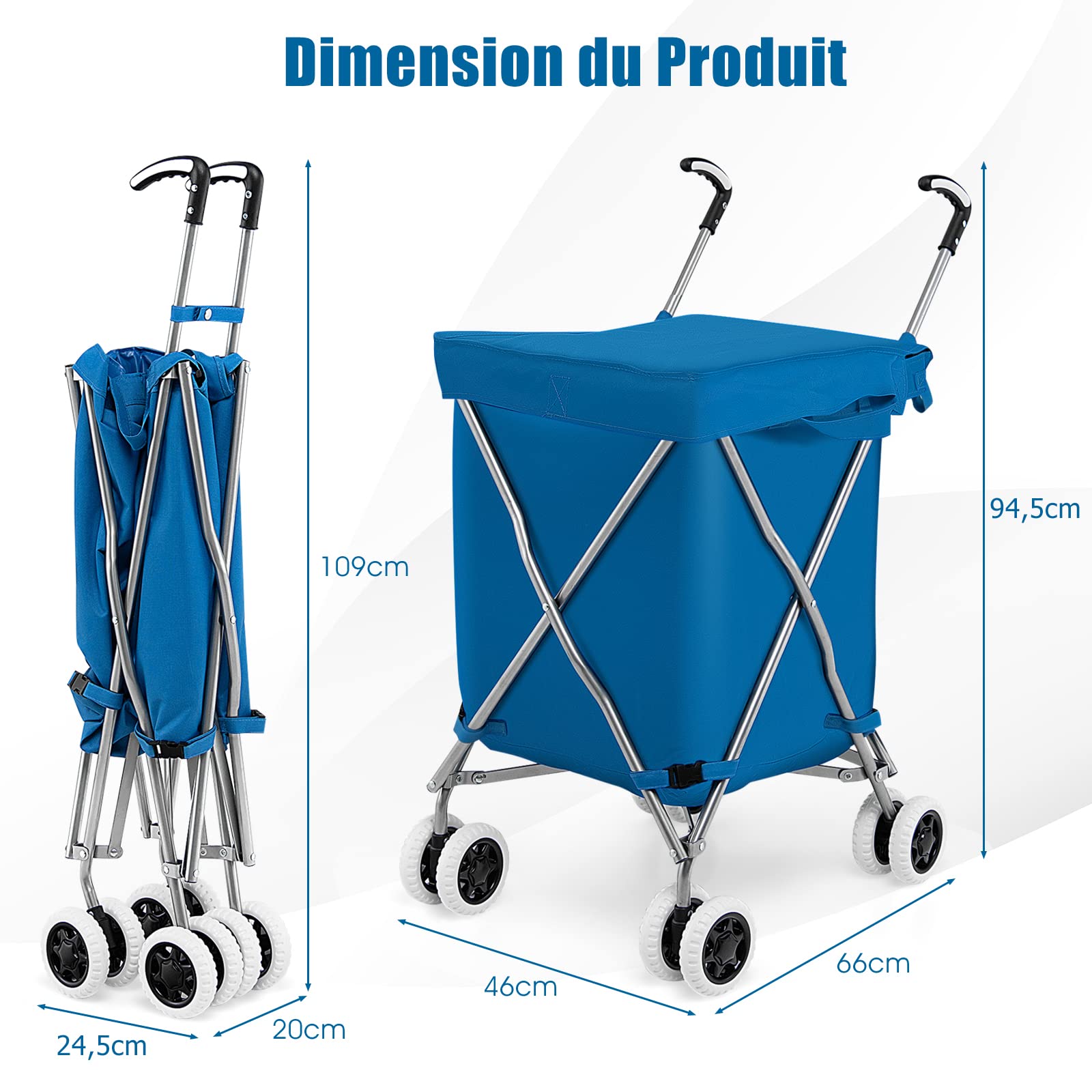 GYMAX Chariot de Courses Pliable, Caddie de Courses en Métal avec Sac 90L, Charge 55KG, Chariot à roulettes Portables pour Shopping/Supermarché/Camping