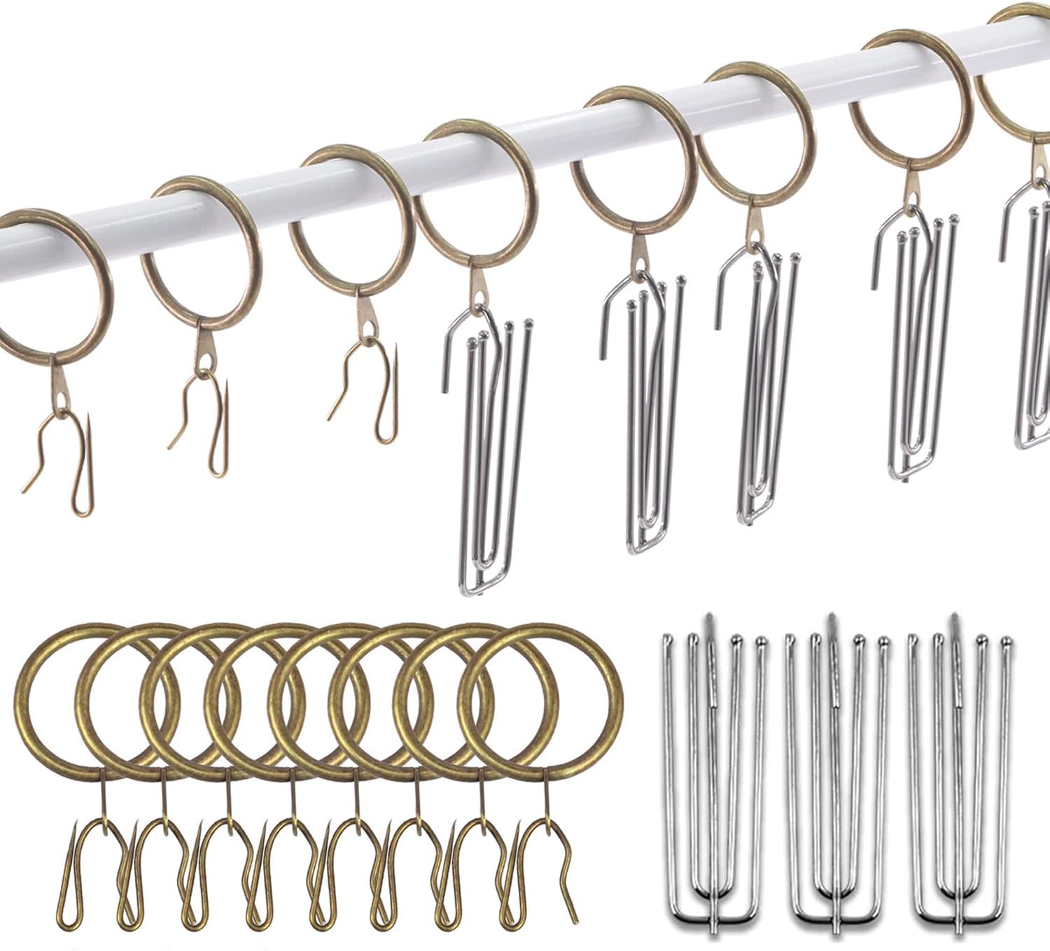 Photo 1 of 120 Pcs 1.5 Inch - 38mm Antique Brass Metal Drapery Curtain Rings Curtain Hanging Rings and Stainless Steel 4 Prongs Pinch Pleat Hook with Drapery Curtain Pin-on Hooks Pins for Bathroom, Living