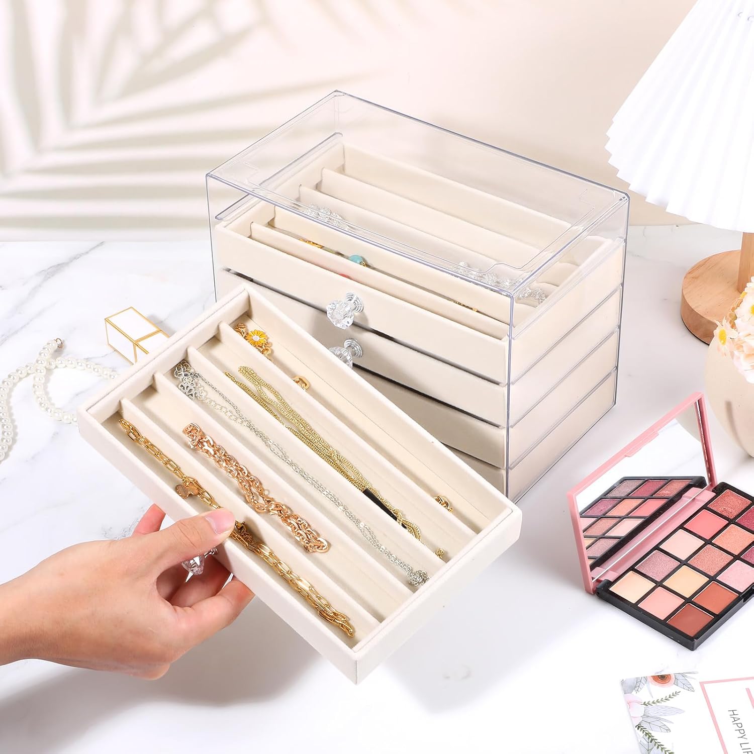 5-Drawer Necklace Organizer Box with Clear Acrylic & Velvet Lining, Beige Necklace Storage Box for Chains, Pendants, Stackable Dustproof Jewelry Holder(9.25 x 5.9 x 6.69 in) - Image 5