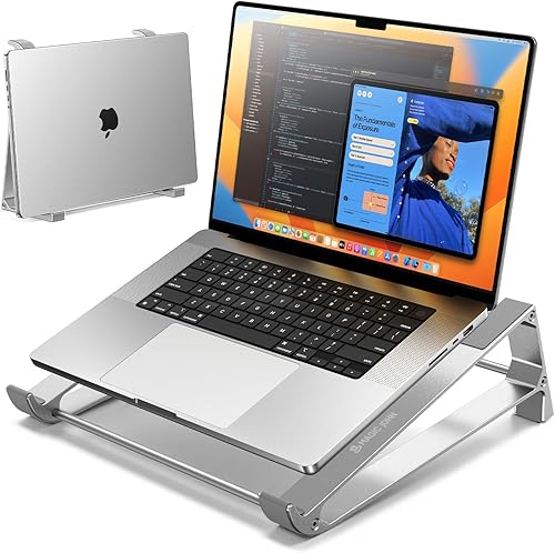MAGIC JOHN Soporte vertical para portátil y soporte de almacenamiento, soporte de aluminio portátil con almohadillas de silicona, diseño