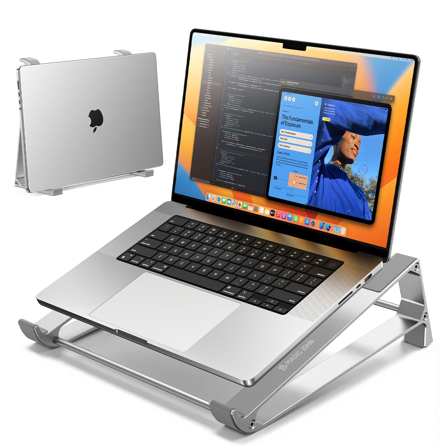 MAGIC JOHN Laptop Stand for Desk Storage Laptop Riser Portable Aluminum Ergnomic Computer Stand with Silicone Pads Cooling