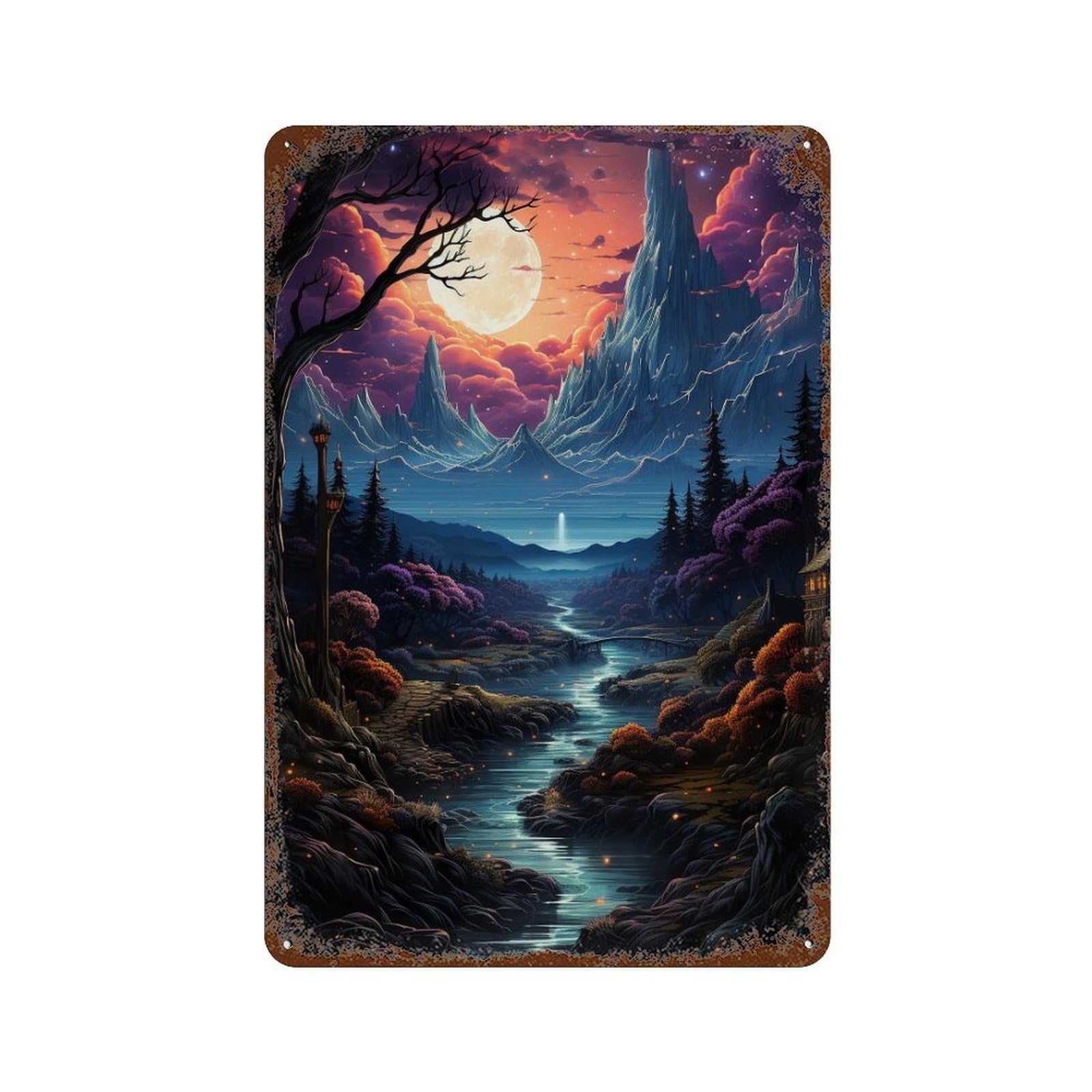 Enchanted Moonlit Forest Vintage Metal Tin Sign 11.8"x7.9", Ideal for Living Room, Hallway And Home Decor