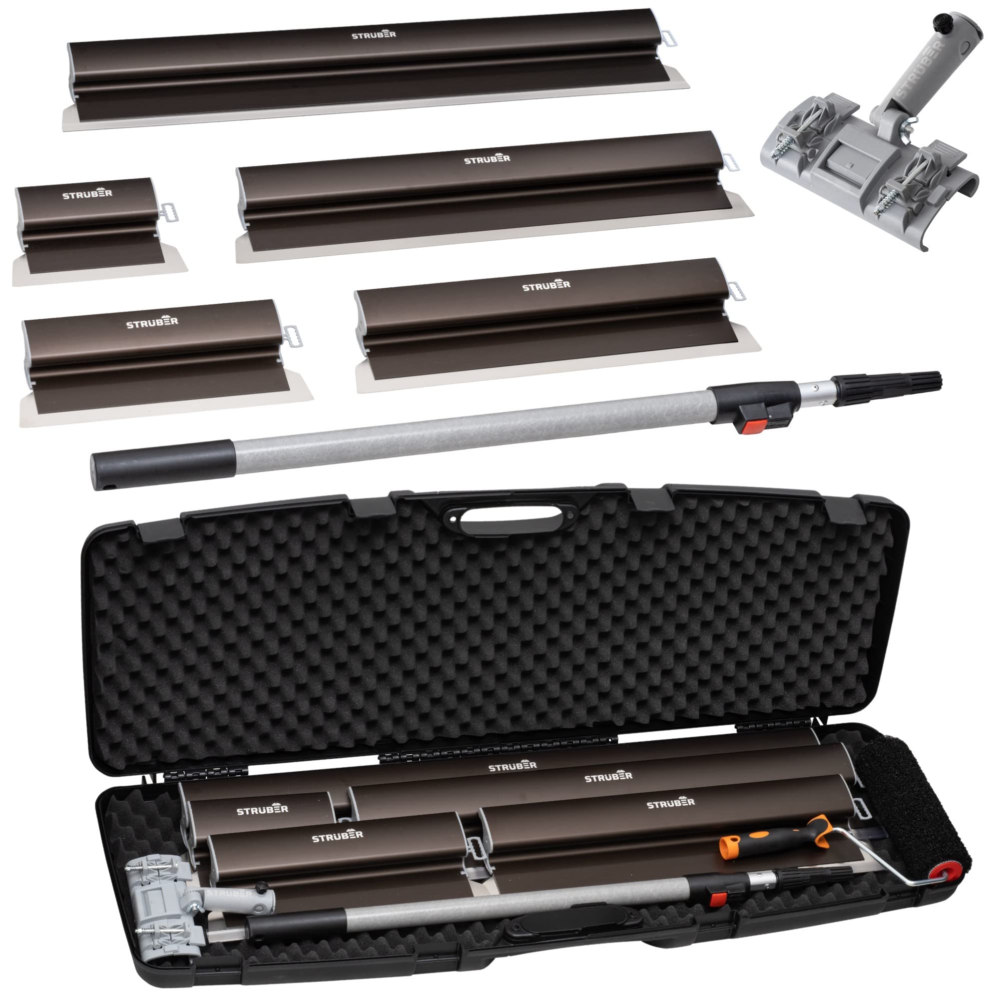 STRÜBER Flächenspachtel Set 9-tlg. im Koffer | 5 x Flächenspachtel (250mm, 400mm, 600mm, 800mm, 1000mm), Alu-Griff, Teleskopstange, Stielaufnahme, Rollspachtel, Made in EU