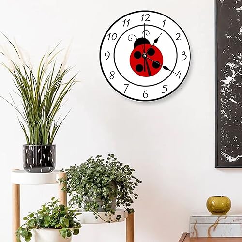 Miniatura 3 de Reloj de pared decorativo silencioso sin tictac, lindo reloj de madera redondo de mariquita roja para dormitorio, sala de estar, hogar, oficina,