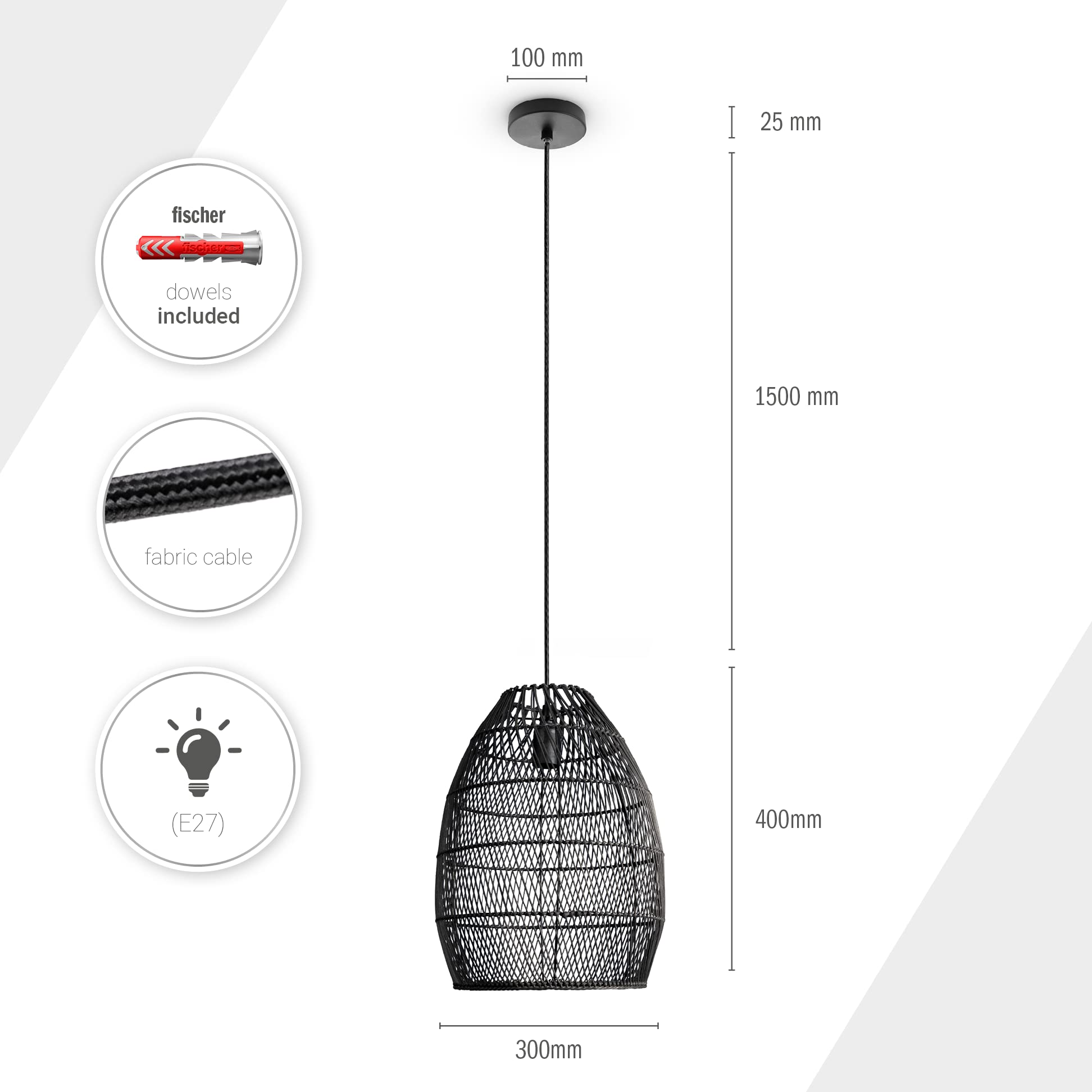 Paco Home Pendelleuchte Wohnzimmer Boho Korbleuchten Pendellampe Rattan Hängeleuchte Esszimmer Lampe Papier E27, Lampenart:Pendelleuchte - Typ 2, Farbe:Schwarz (Ø30cm)