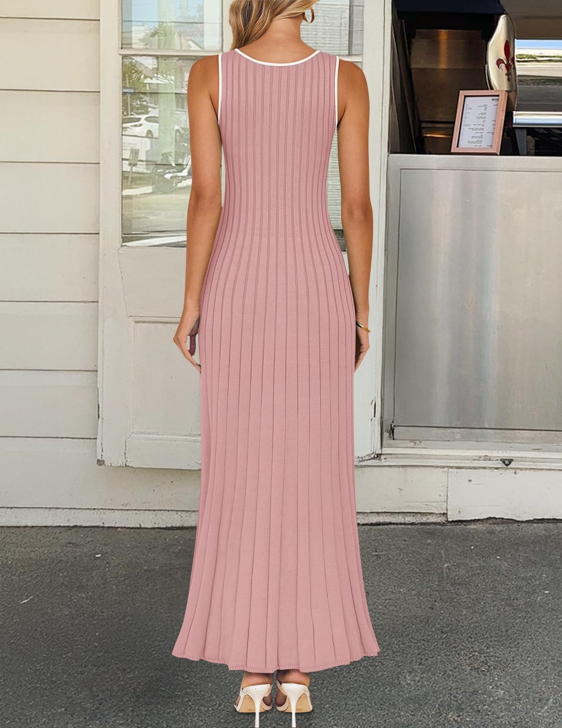 ZESICA Womens 2026 Summer Long Maxi Dress Sleeveless Crew Neck Hollow Out Pleated Ribbed Knit Swing Tank Dresses - Image 4