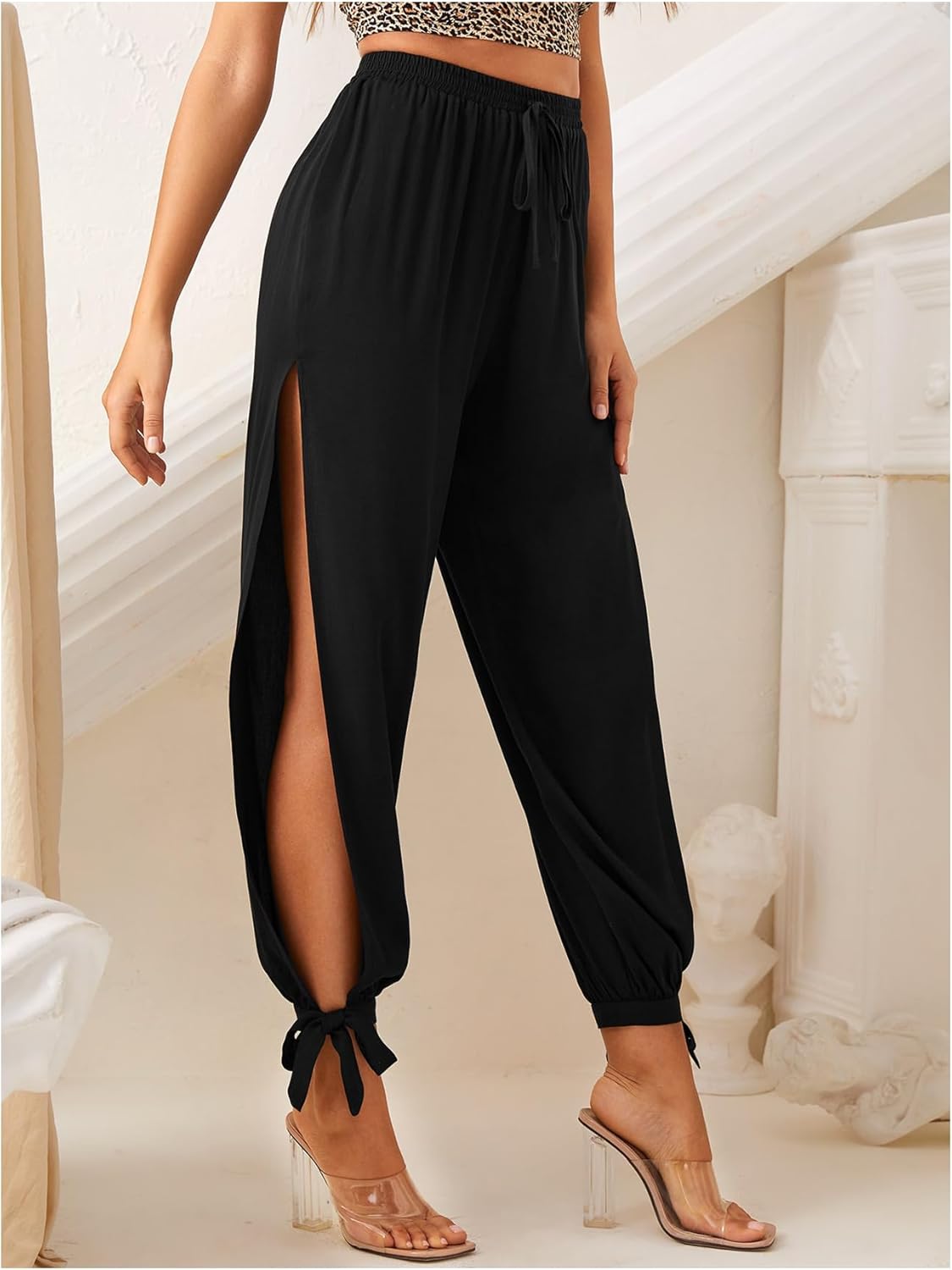 Women's Cut Out Split Thigh Harem Pants Bowknot Drawstring Waist Workout Cropped Trousers - Image 2