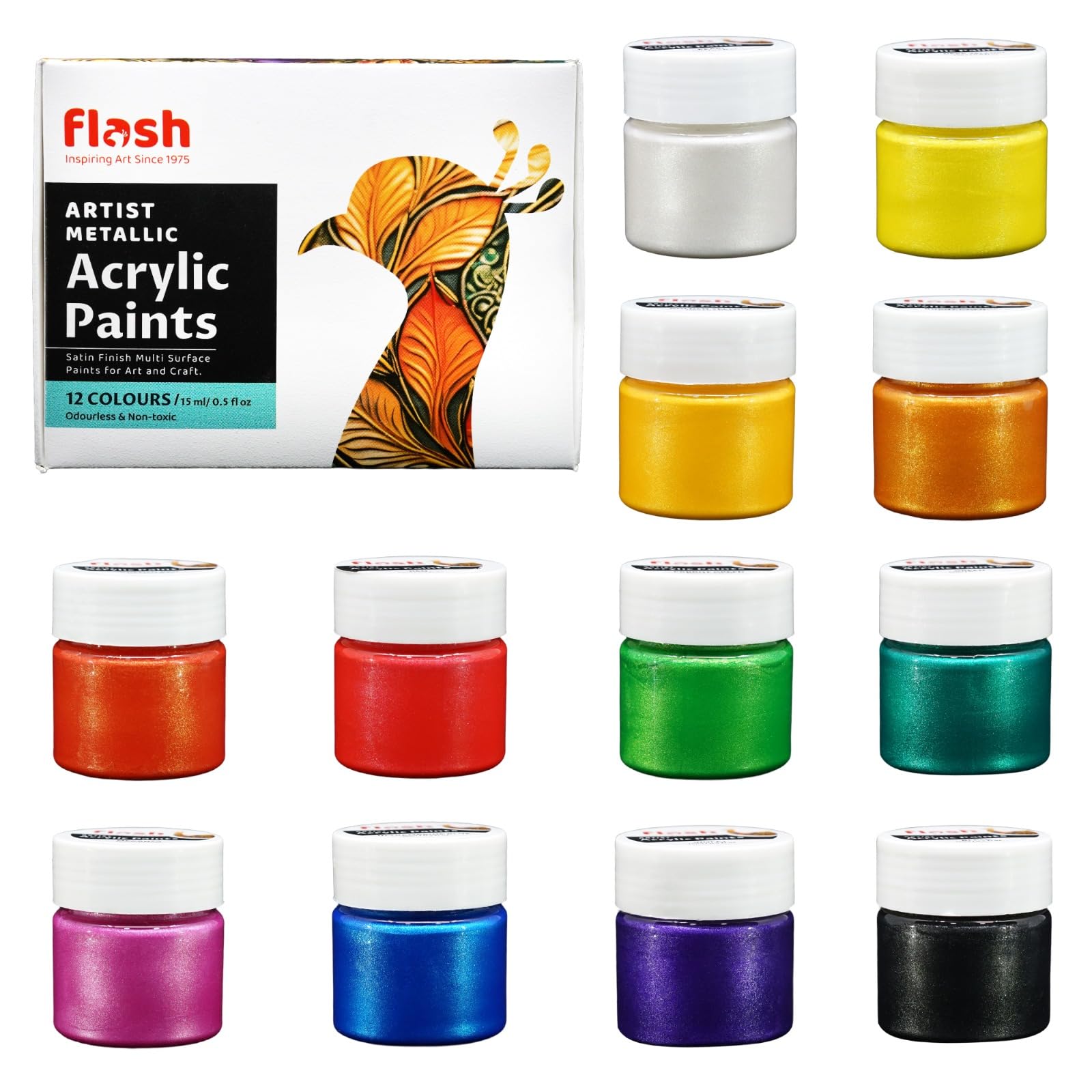 Flash Metallic Acrylic Colour Set | 12 Color Set | 15ml, 1.7 fl oz Each | High Pigment Strength | Non Fading | Indoor/Outdoor | Non Toxic | Multi-Surface Paint | Pro Artist, Hobby Painters & Kid
