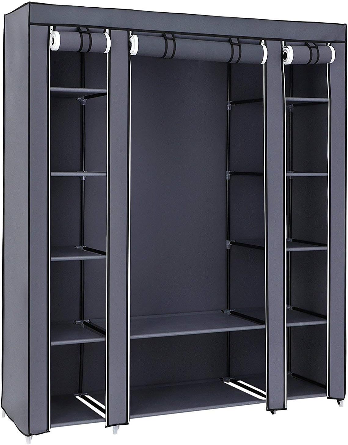 Anva Wardrobe Almirah Collapsible Organizer Storage for Clothes Cupboard Closet with 11 Cabinets & 1 Long Shelves Foldable Portable Non-Woven Fabric Wardrobe for Home Bedroom 150x46x177 cm Grey