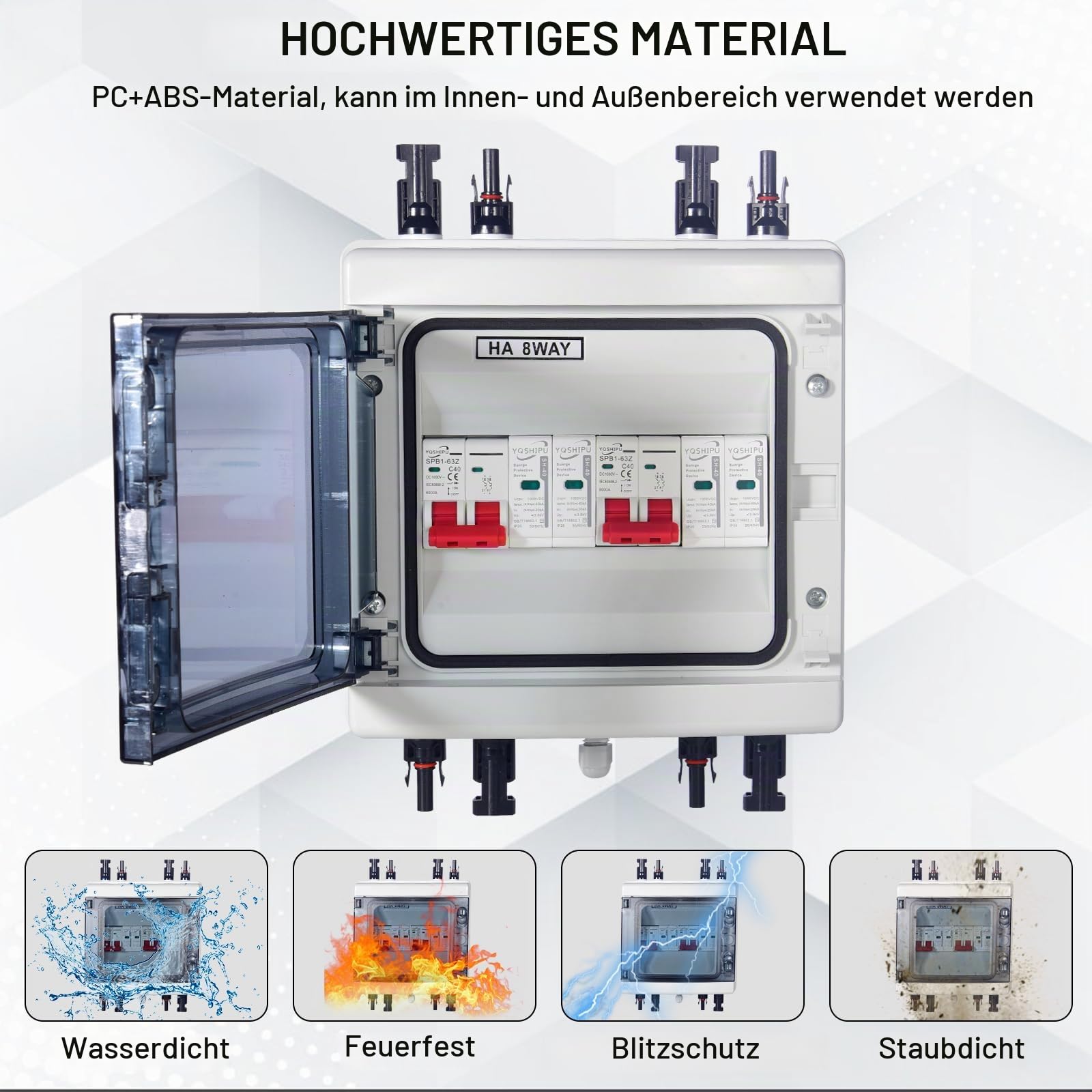Überspannungsschutz PV, DC 40 A/1000 V Trennschalter, Blitzschutzschalter (2 in 2 Out), Solar-PV-Anschlussbox, IP65 wasserdicht
