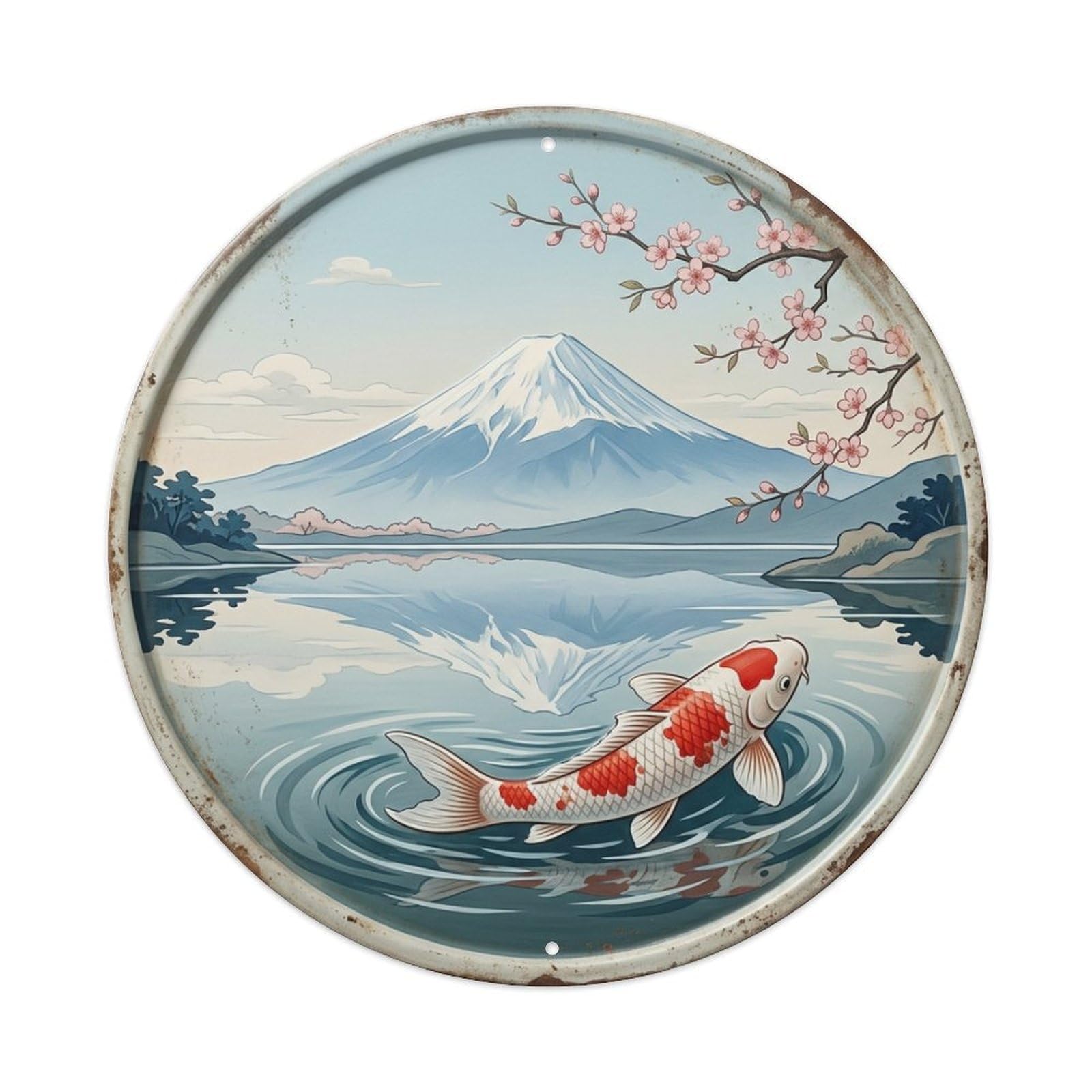 Fuji Mountain Reflection Koi Fish Vintage Metal Tin Sign Plaque Wall Decor for Cafe, Club Bar, Office, Garden Metal Poster 8x8Inch