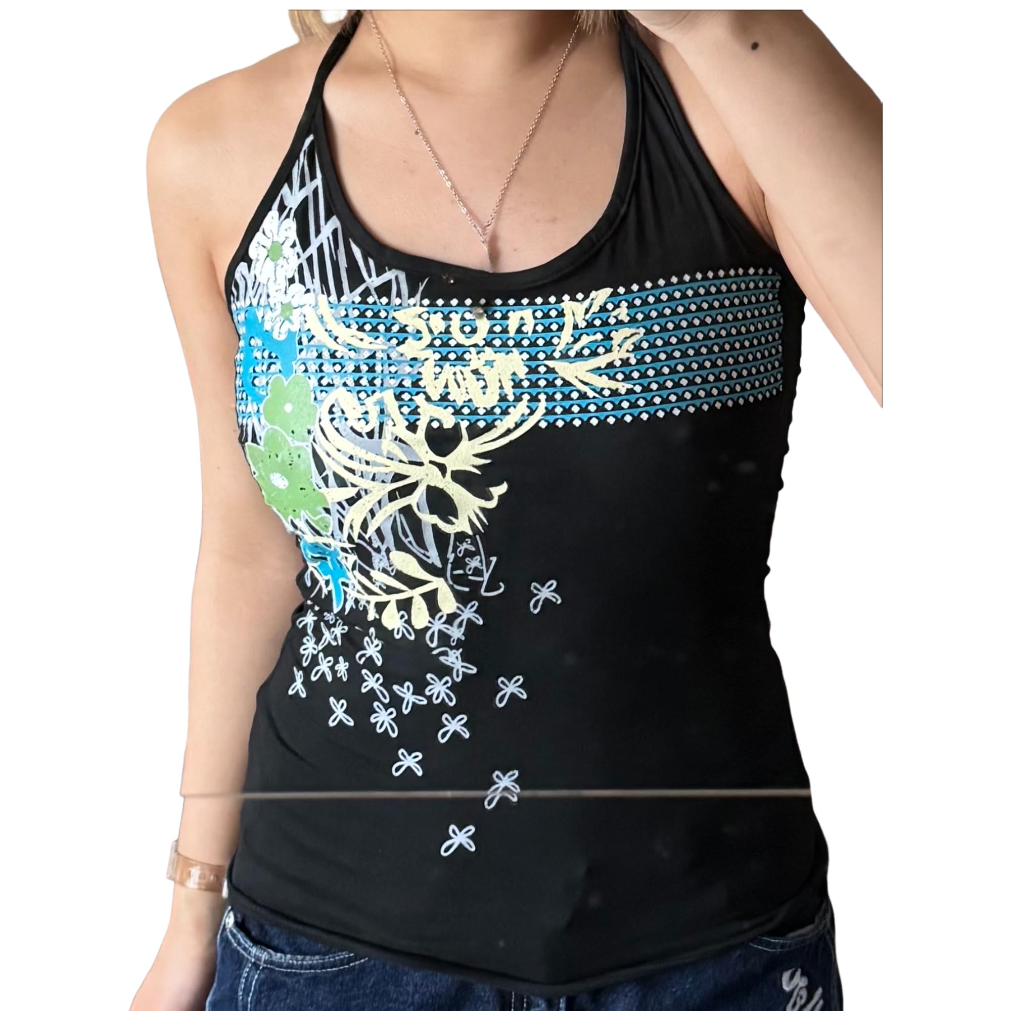 Cottagecore Summer Y2k V Neck Floral Tops Grunge Halter Tank Top 2000s Cute Backless Sleeveless Going Out Outfits