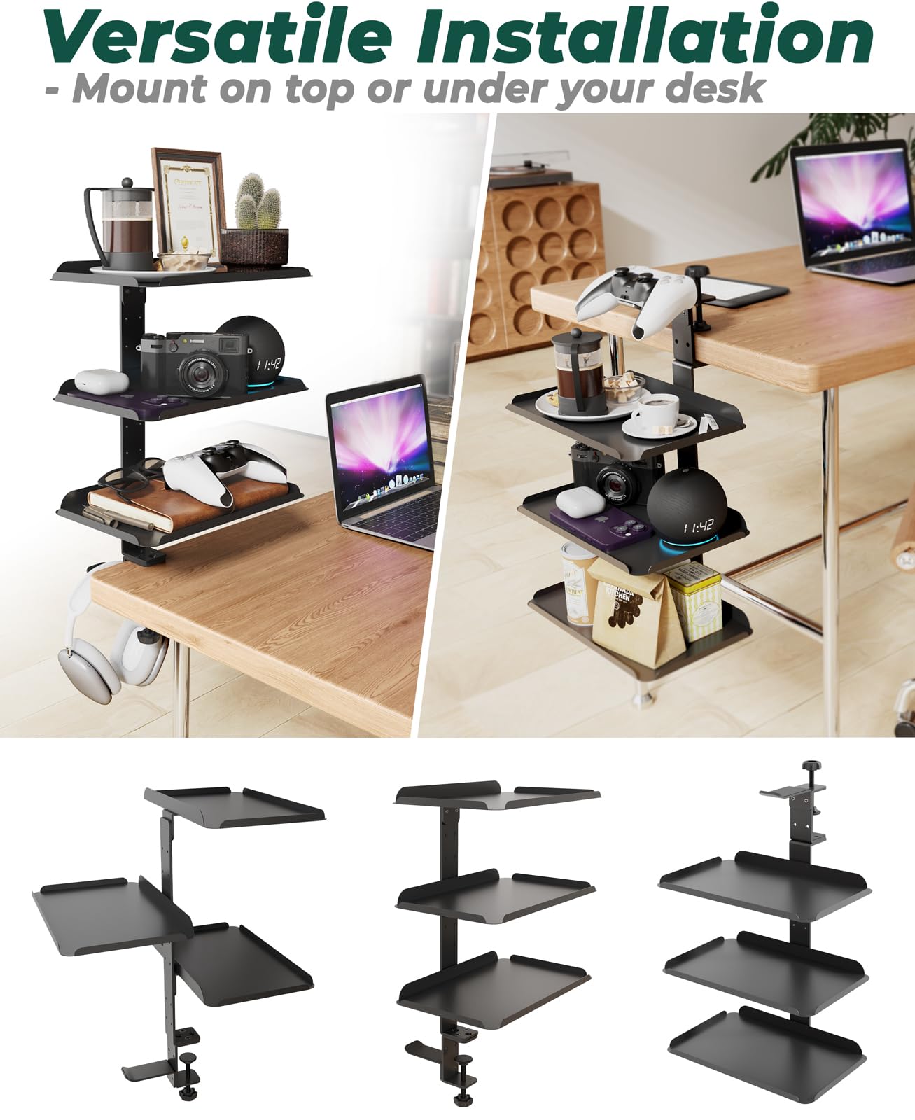 Organizador de Escritorio con Abrazadera - Estante Ajustable de 3 Niveles - Montaje Flexible Encima o Debajo del Escritorio - Soporte DIY Sin Perforar para Accesorios de Oficina y Hogar