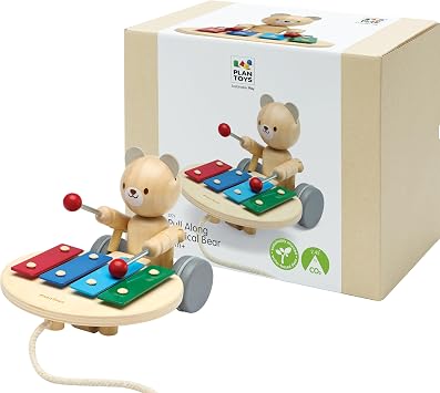PlanToys Pull-Along Musical Bear Wooden Kids Toddler Walking Toy Set | rhythm sound, baby musical toys, animal design, girls, boys, montessori gross motor coordination learning gift for kids