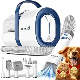 oneisall Aspirador para banho e tosa de cães, aspirador de cuidados para animais de estimação com cortador e lixador de unhas, copo de pó de 1,5 L, escova a vácuo com 7 ferramentas para banho e tosa