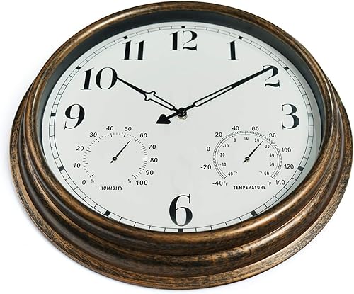 Miniatura 8 de Reloj de pared grande para interiores y exteriores de 16 pulgadas, reloj impermeable sin tictac con termómetro e higrómetro, reloj decorativo de