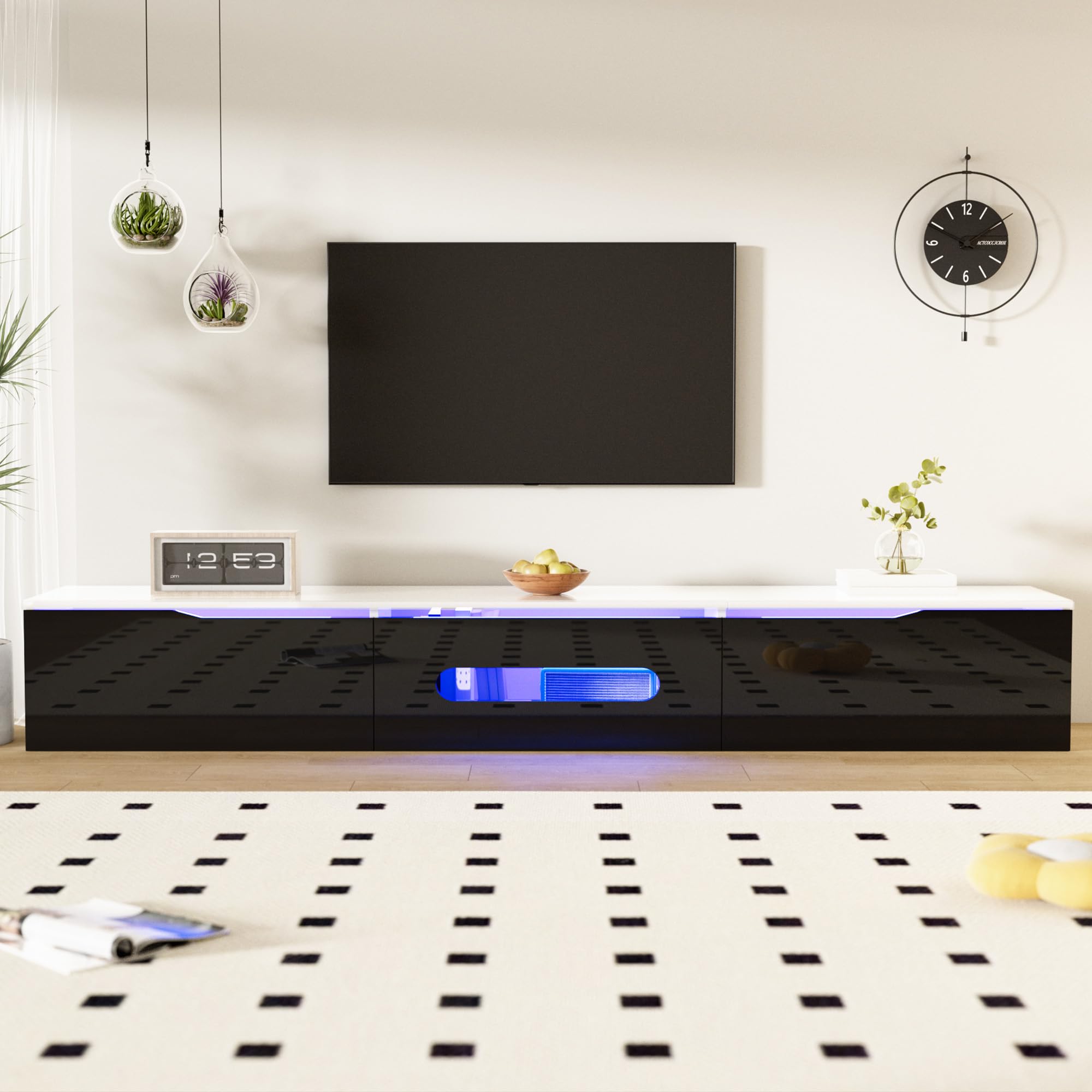 Mueble de TV con iluminación LED colgante y de pie, armario de TV para salón, tablero de fibra de densidad media y aglomerado, puertas en negro, 180 x 35 x 30 cm