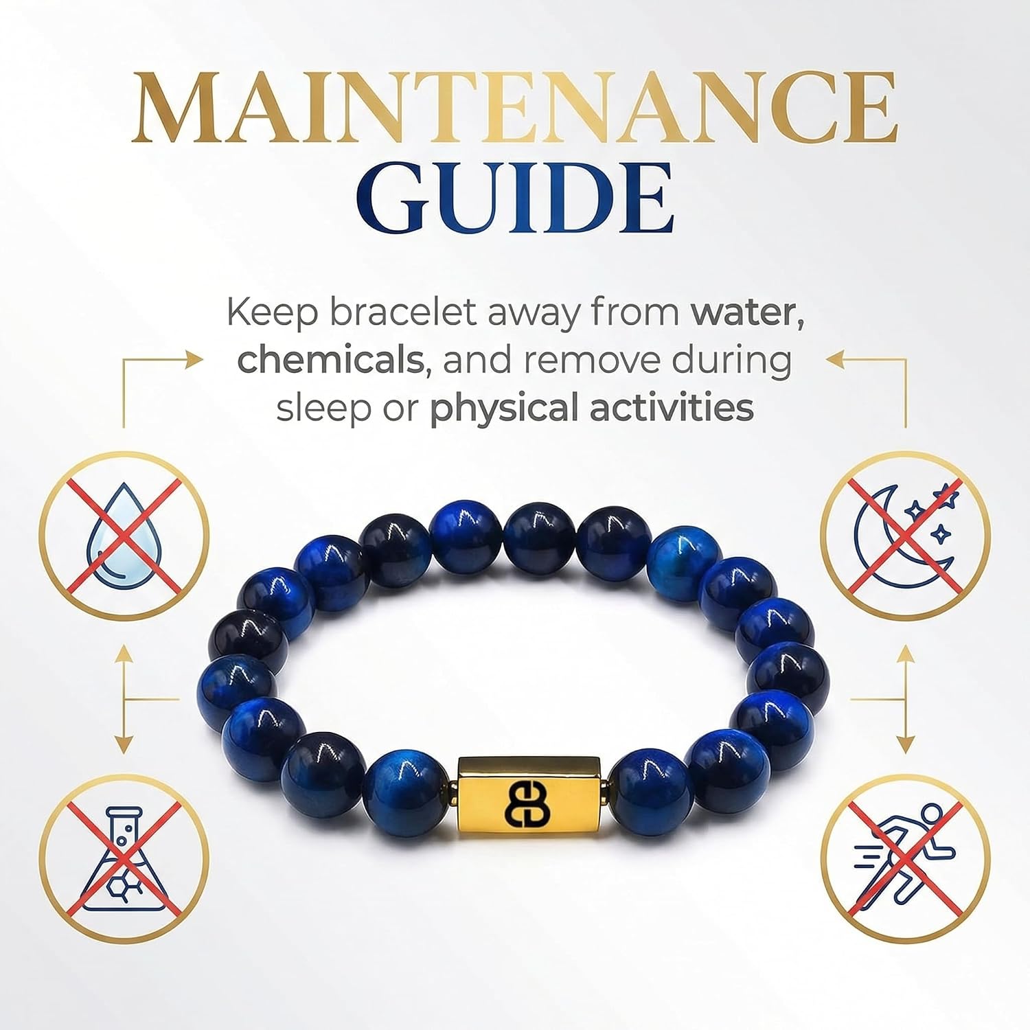 Kartini Studio Blue Tiger's Eye and Gold Bracelet, Men's Bracelet, Quality Bead Jewelry for Man
