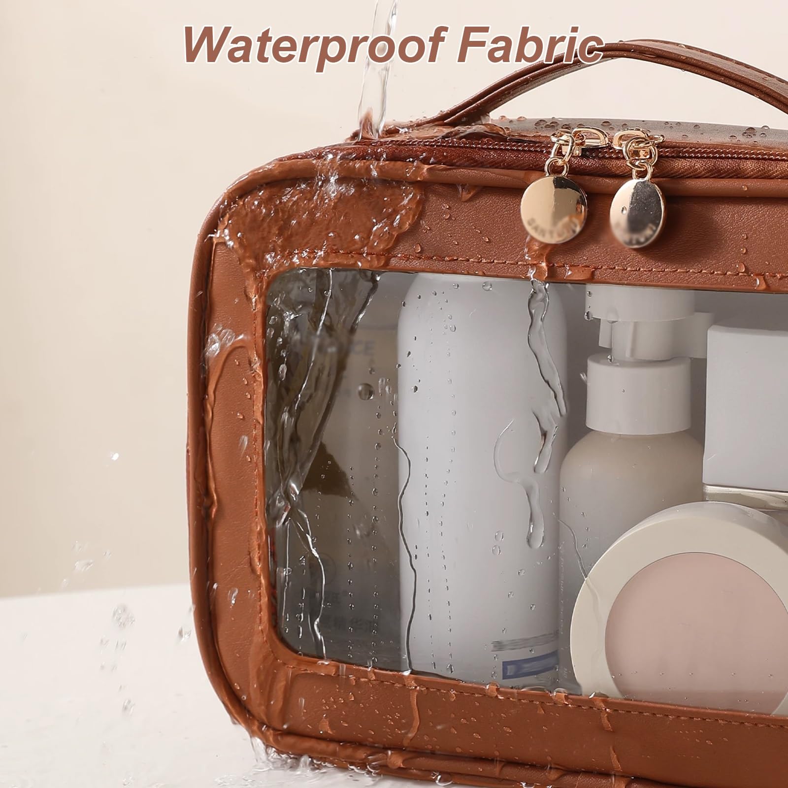Borsa da Toilette da Viaggio, Borsetta Trasparente Impermeabile, Ampia Apertura con Cerniera, Compatta e Portatile, Ideale per Riporre I Prodotti da Viaggio a Lunga Distanza(Brown)