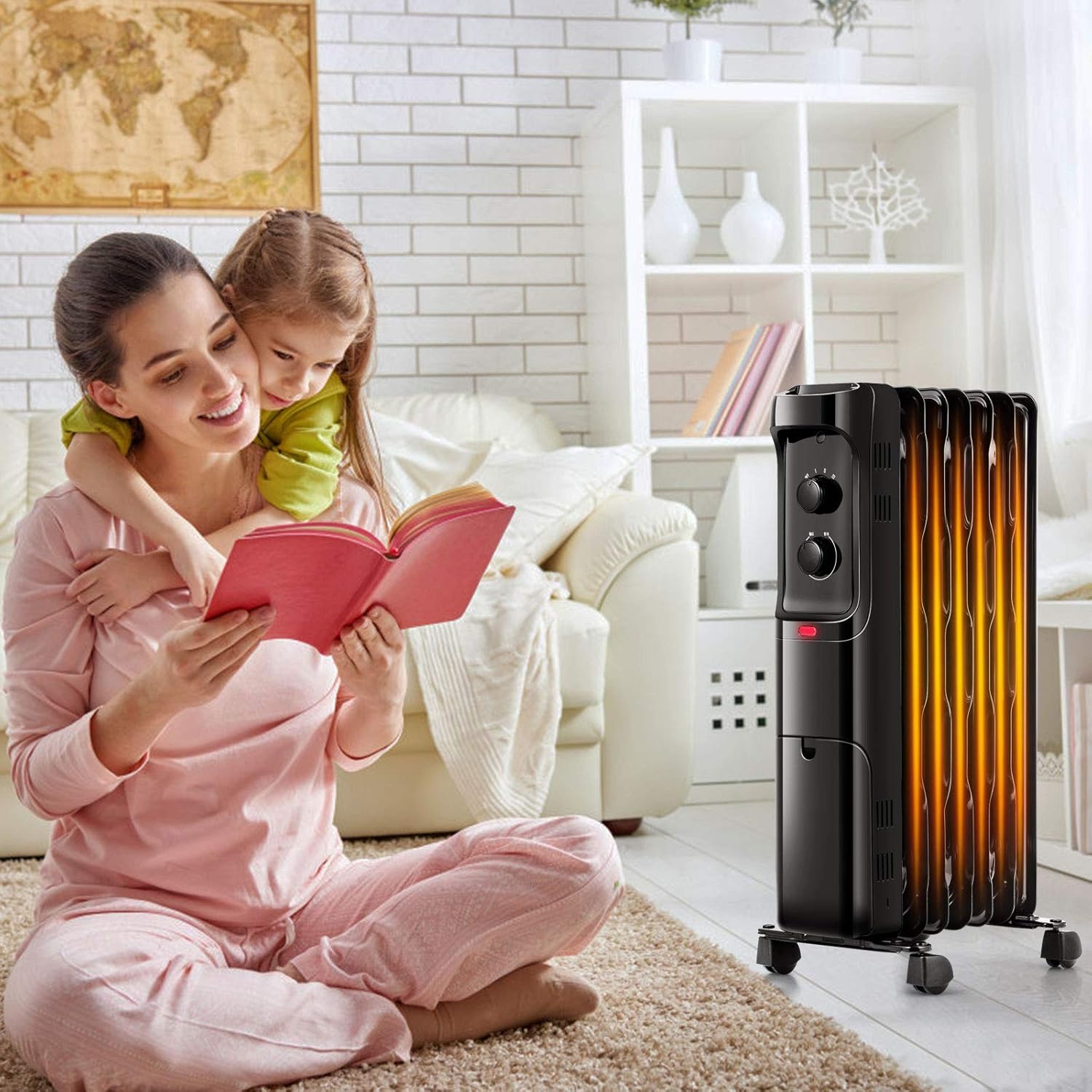 Tangkula 1500W Oil Filled Radiator Heater, Electric Space Heater with 3 Heat Settings, Adjustable Thermostat, Tip Over & Overheat Protection, Portable Oil Heaters for Indoor Use, Home, Office