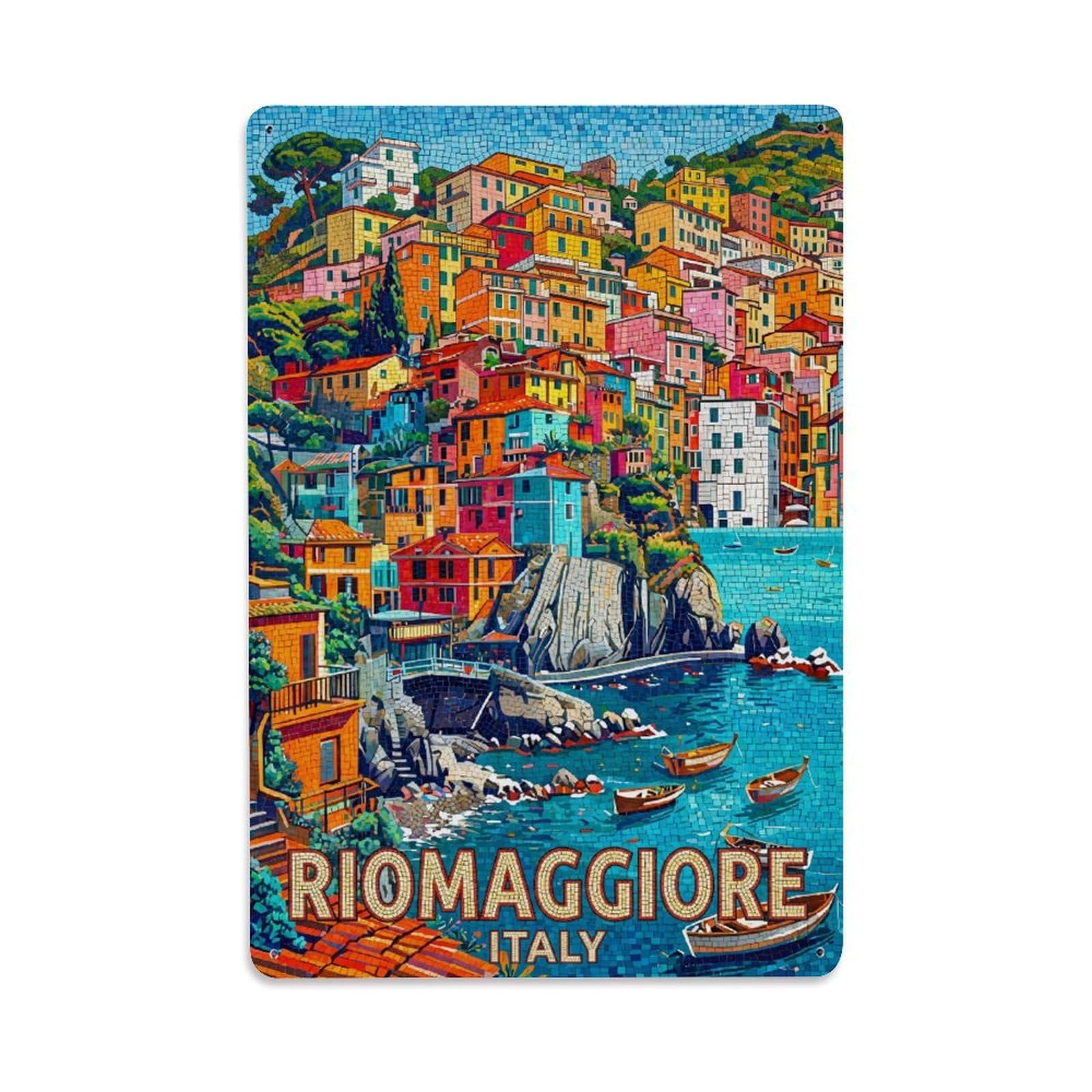 Huiyhb 8X12inch(20X30cm) Vintage Travel Riomaggiore Italy Tessellated Metal Tin Sign