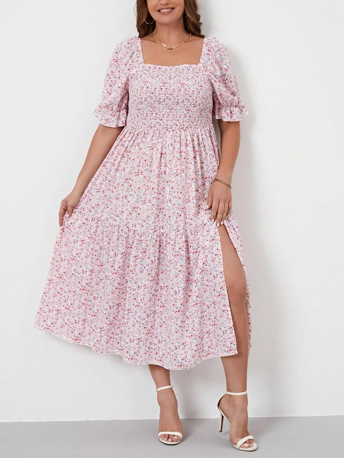 Floerns Women's Plus Size Boho Floral Print Shirred Ruffle Hem A Line Long Dress - Image 4